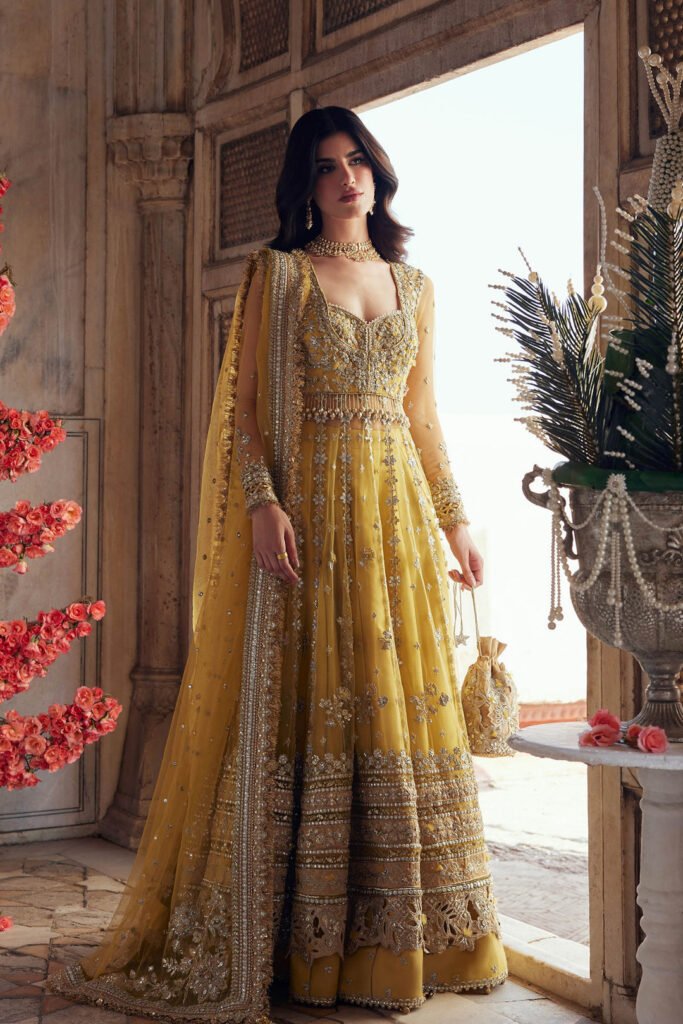 Zaha Surajmukhi Hand Embellished Raw Silk Bridal Lehenga - Model Front Look | Pakistani Designer Replica Wholesale | IQNAZ