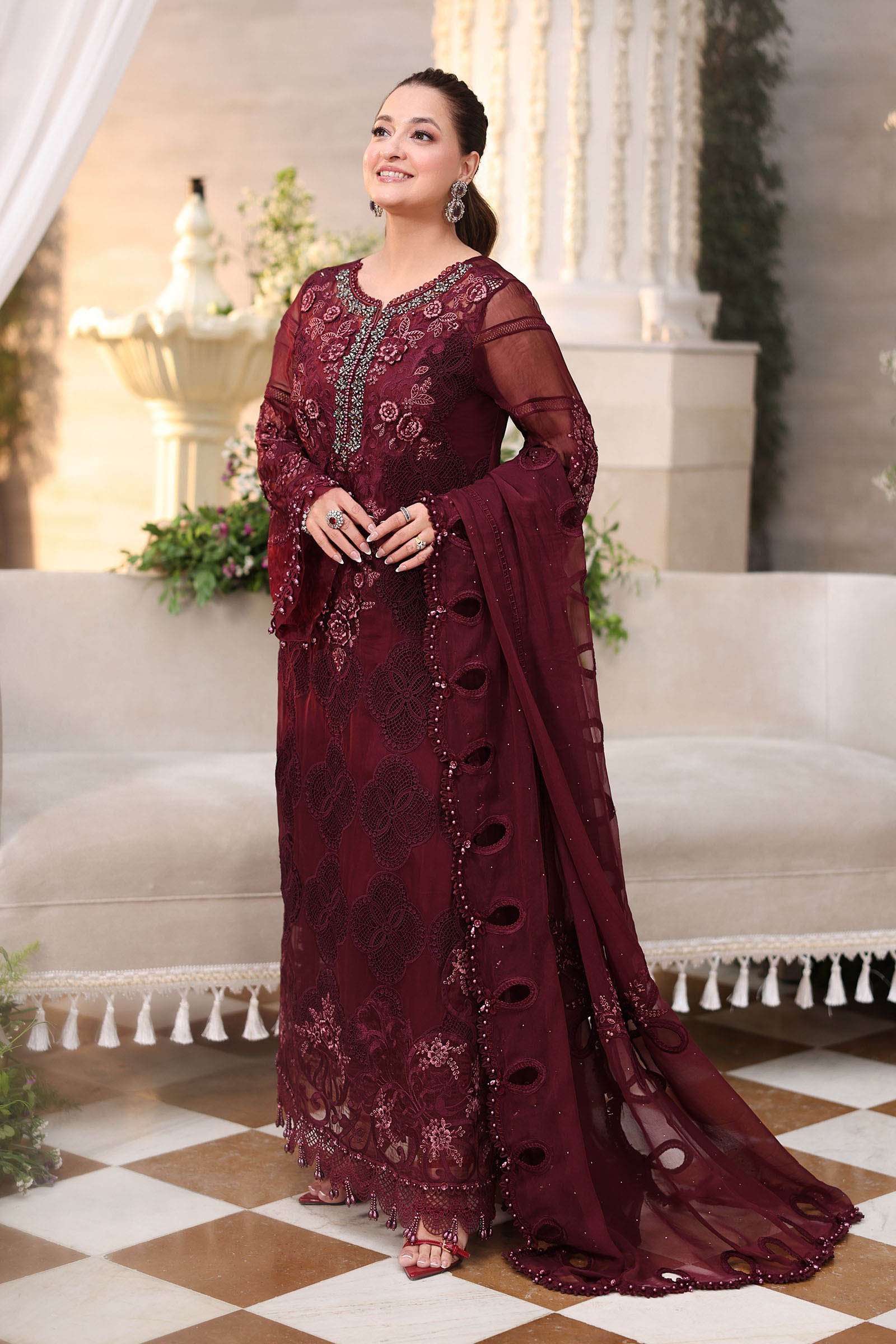 Maria B Embroidered Chiffon Party Wear Suit - Four-Sided Embroidered Dupatta & Pallu Border | IQNAZ
