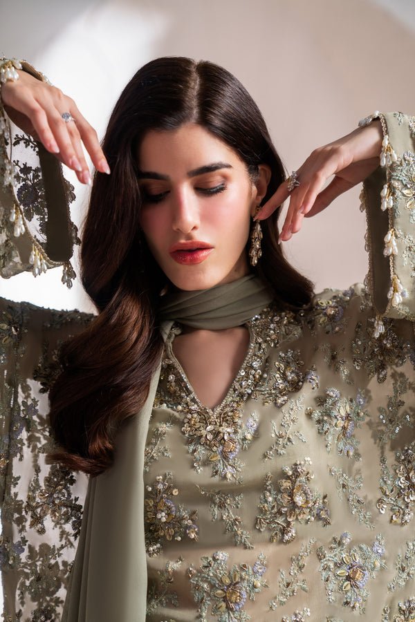 Maria B Clarte Embroidered Chiffon Party Wear Suit - Close-Up Hand Embellishment Tilla & Pearl Work | IQNAZ