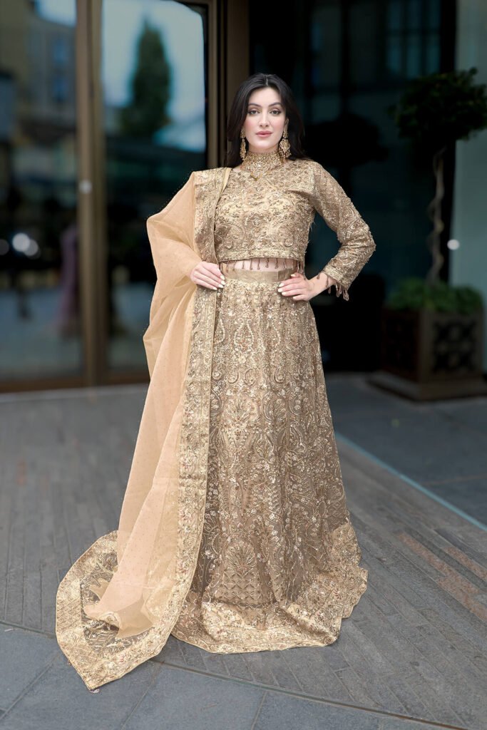 Mohsin Naveed Ranjha Emran Kaxhif Hand Embellished Organza Party Wear Suit - Model Front Look | Pakistani Designer Replica Wholesale | IQNAZ