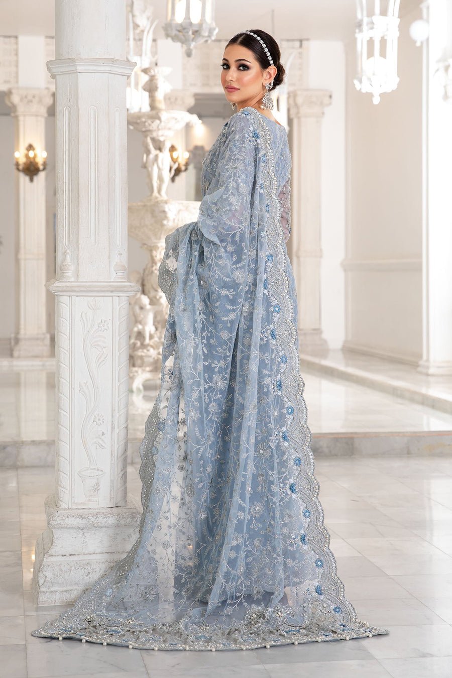Maria B Embroidered Organza Party Wear Suit – Embroidery & Handwork Detail Maria B Embroidered Organza Party Wear Suit - Close-Up Hand Embellishment Tilla & Pearl Work | IQNAZ