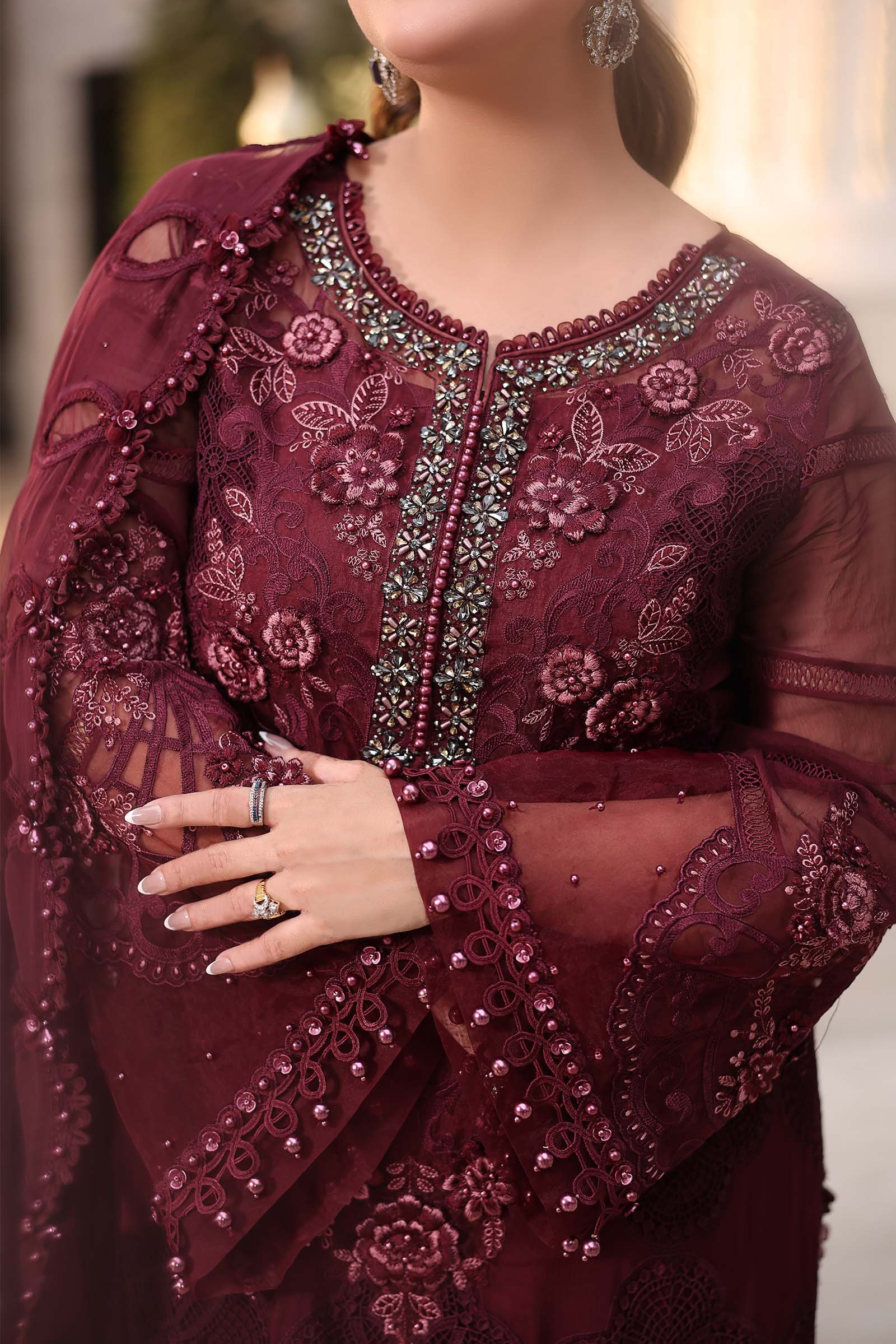 Maria B Embroidered Chiffon Party Wear Suit - Embroidered Back & Daman Silhouette Detailing | IQNAZ