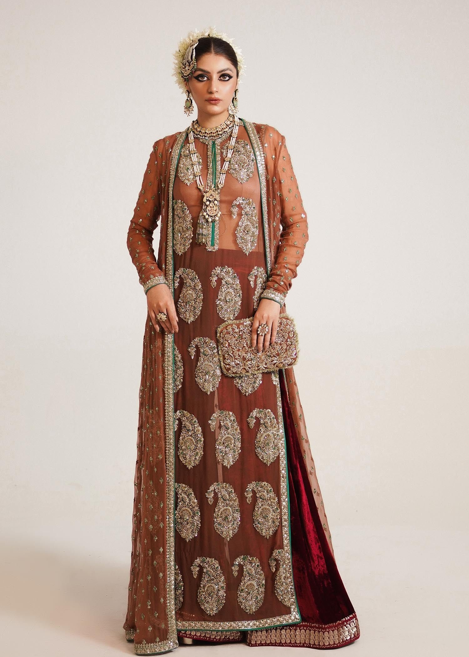 Hussain Rehar Hand Embellished Silk Party Wear Suit – Model Front View Hussain Rehar Hand Embellished Silk Party Wear Suit - Model Front Look | Pakistani Designer Replica Wholesale | IQNAZ