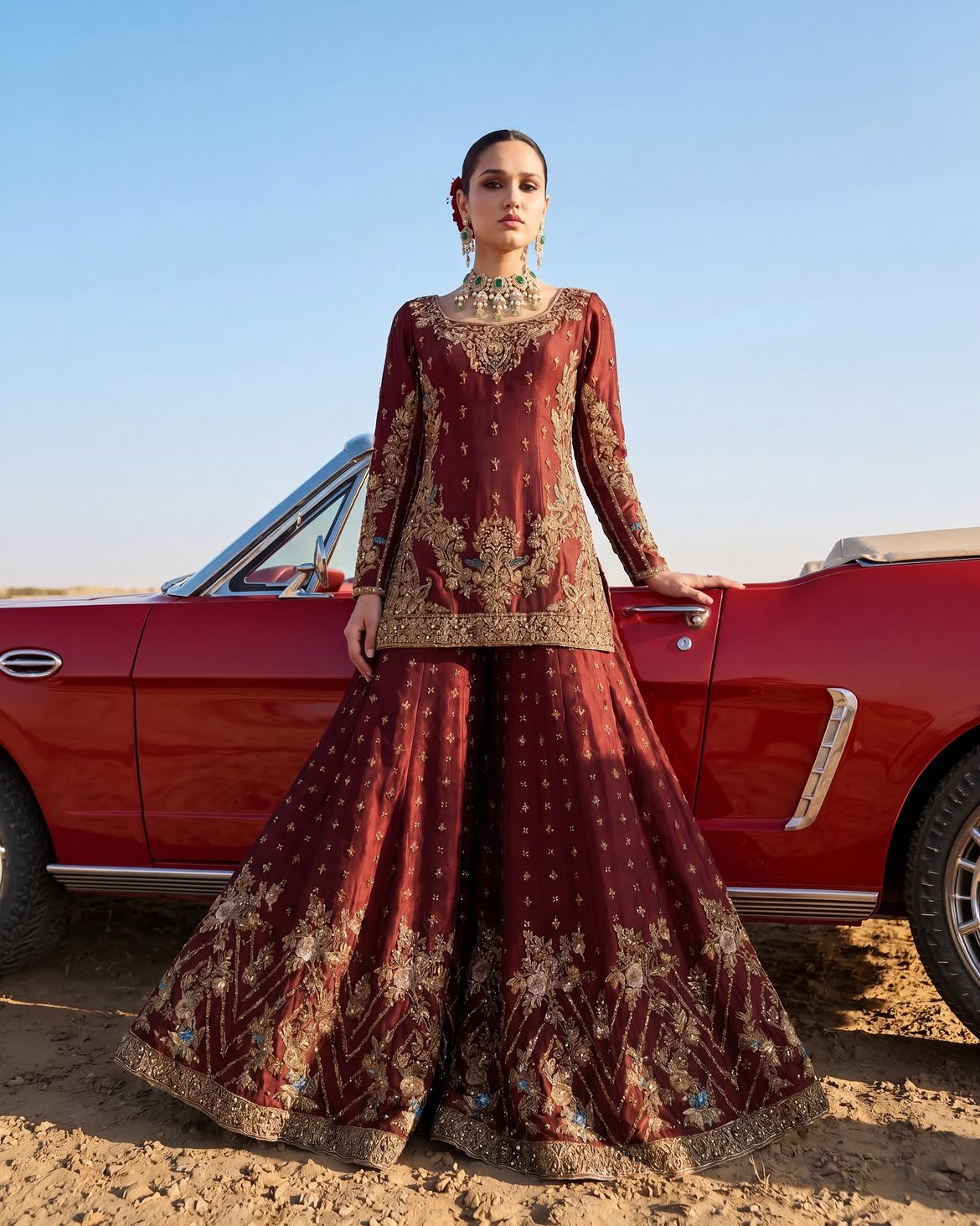 Ahmad Sultan Aethel Hand Embellished Raw Silk Bridal Lehenga - Model Front Look | Pakistani Designer Replica Wholesale | IQNAZ