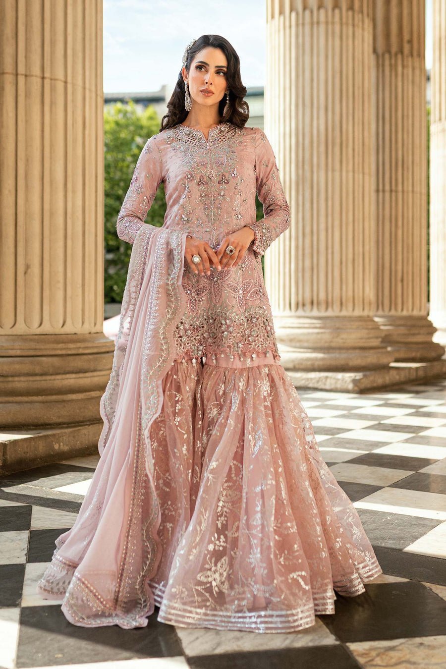 Maria B Embroidered Silk Party Wear Suit - Model Front Look | Pakistani Designer Replica Wholesale | IQNAZ