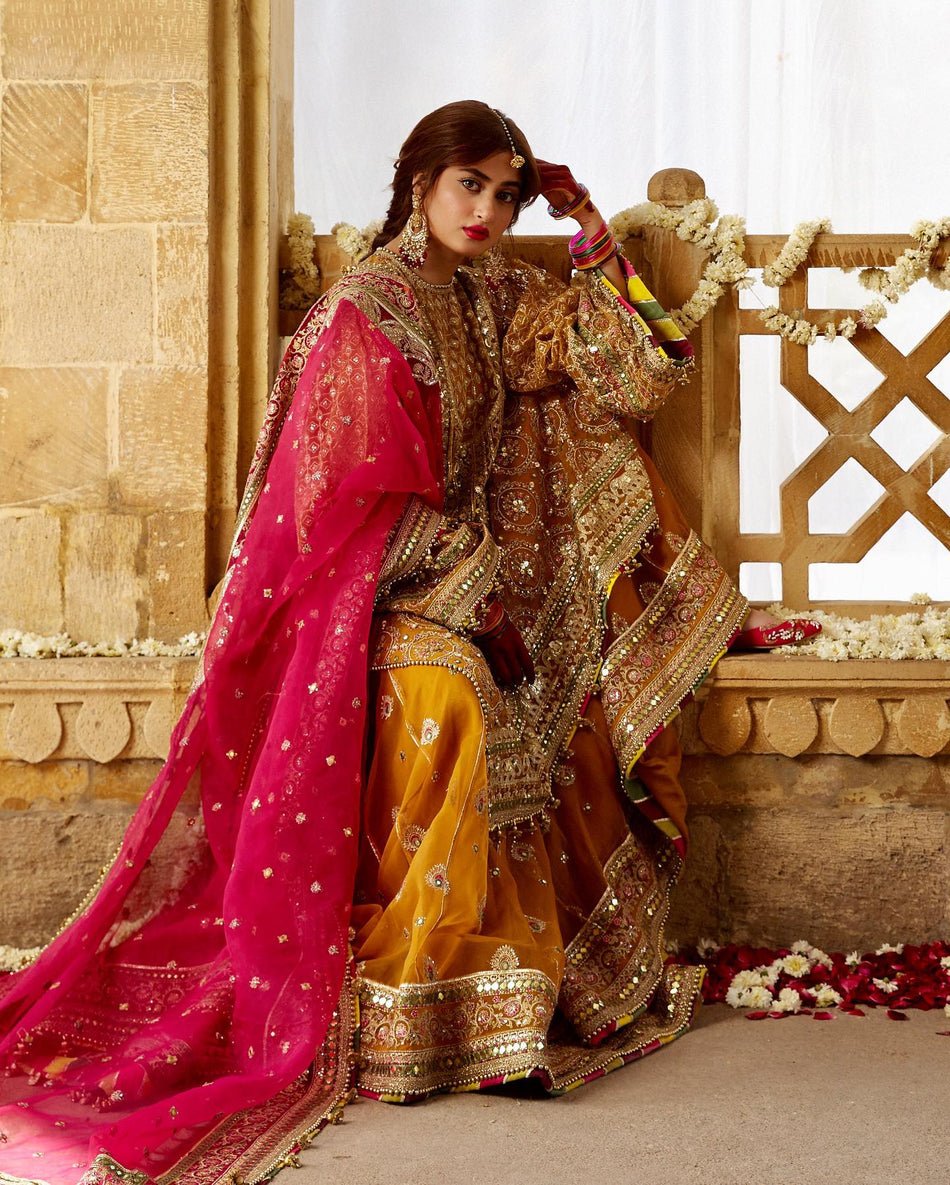Mohsin Naveed Ranjha Sagar Kinaray Embroidered Organza Party Wear Suit - Close-Up Hand Embellishment Tilla & Pearl Work | IQNAZ