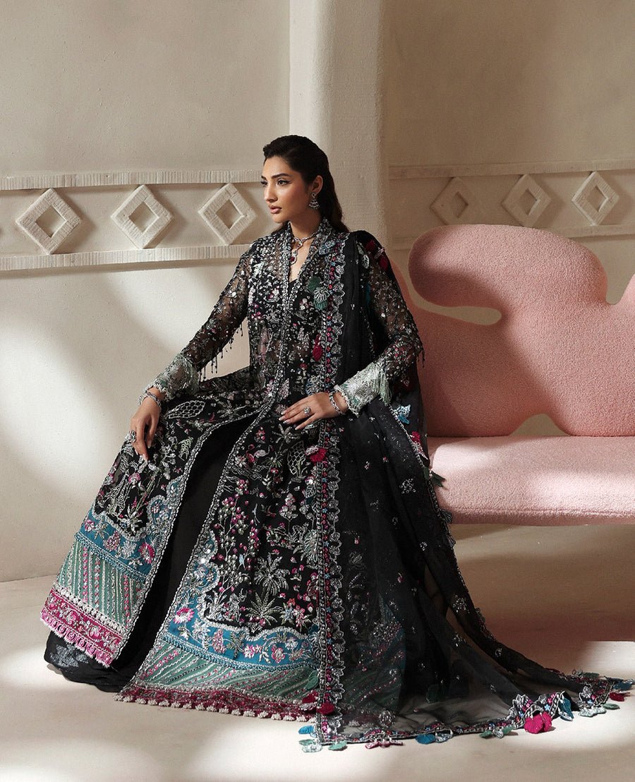 Republic Womens Wear Auriane Embroidered Organza Party Wear Suit – Back View & Silhouette Republic Womens Wear Auriane Embroidered Organza Party Wear Suit - Embroidered Back & Daman Silhouette Detailing | IQNAZ