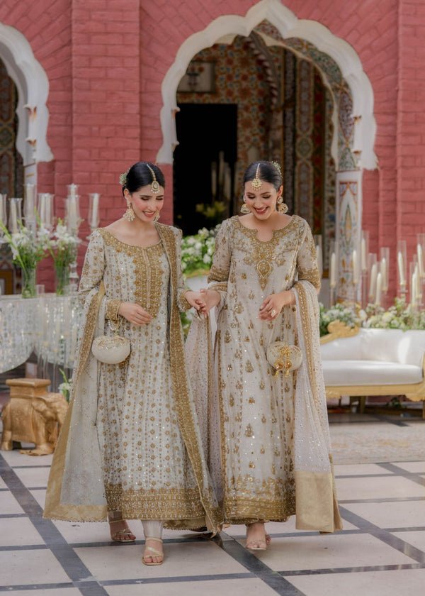 Haris Shakeel Hand Embellished Chiffon Party Wear Suit - Close-Up Hand Embellishment Tilla & Pearl Work | IQNAZ