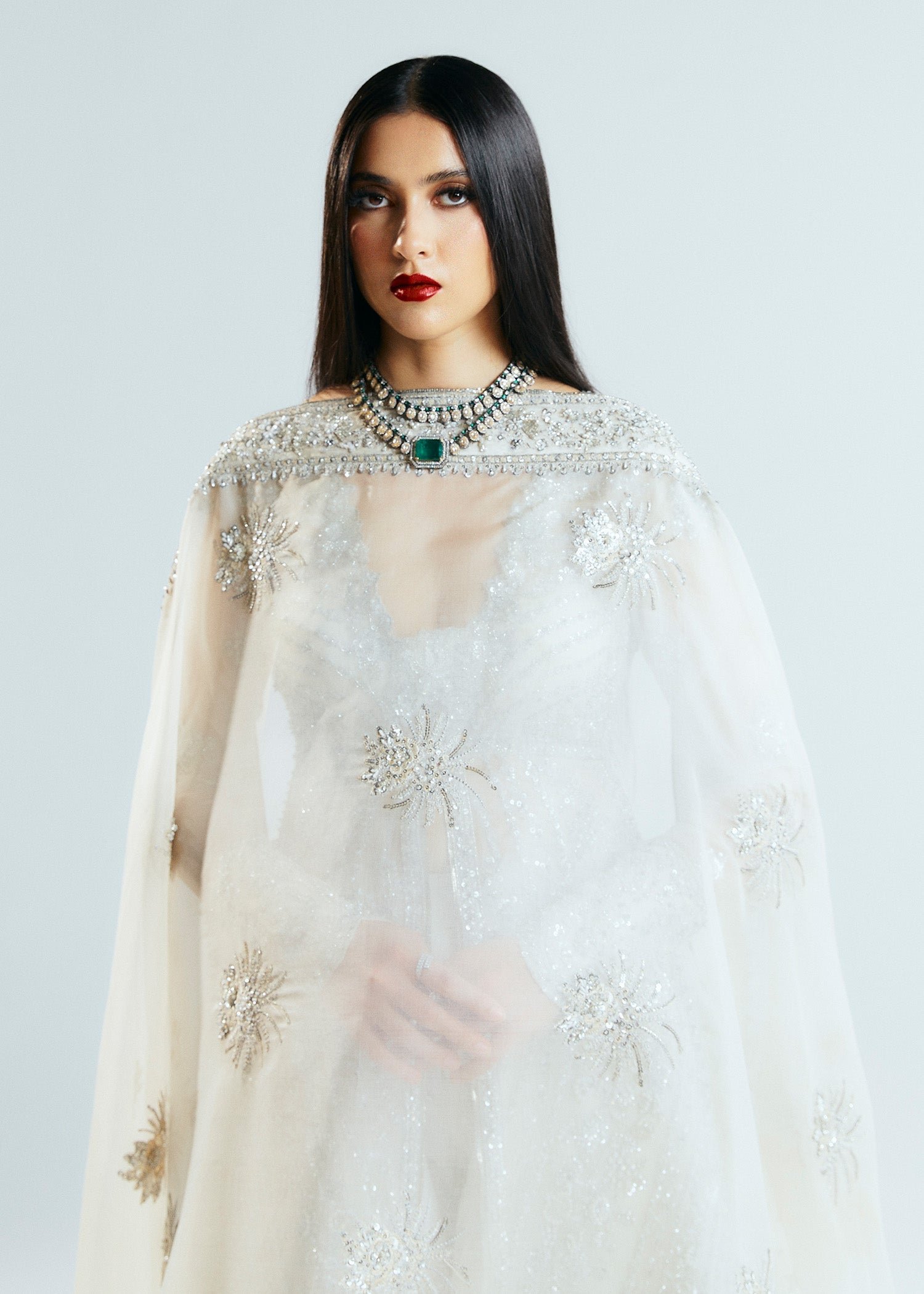 Hussain Rehar Seraph Embroidered Organza Party Wear Suit - Embroidered Back & Daman Silhouette Detailing | IQNAZ