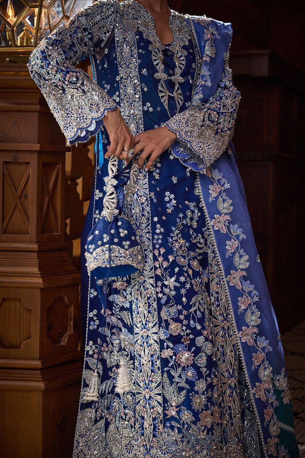 Soraya Elise Embroidered Silk Party Wear Suit - Close-Up Hand Embellishment Tilla & Pearl Work | IQNAZ
