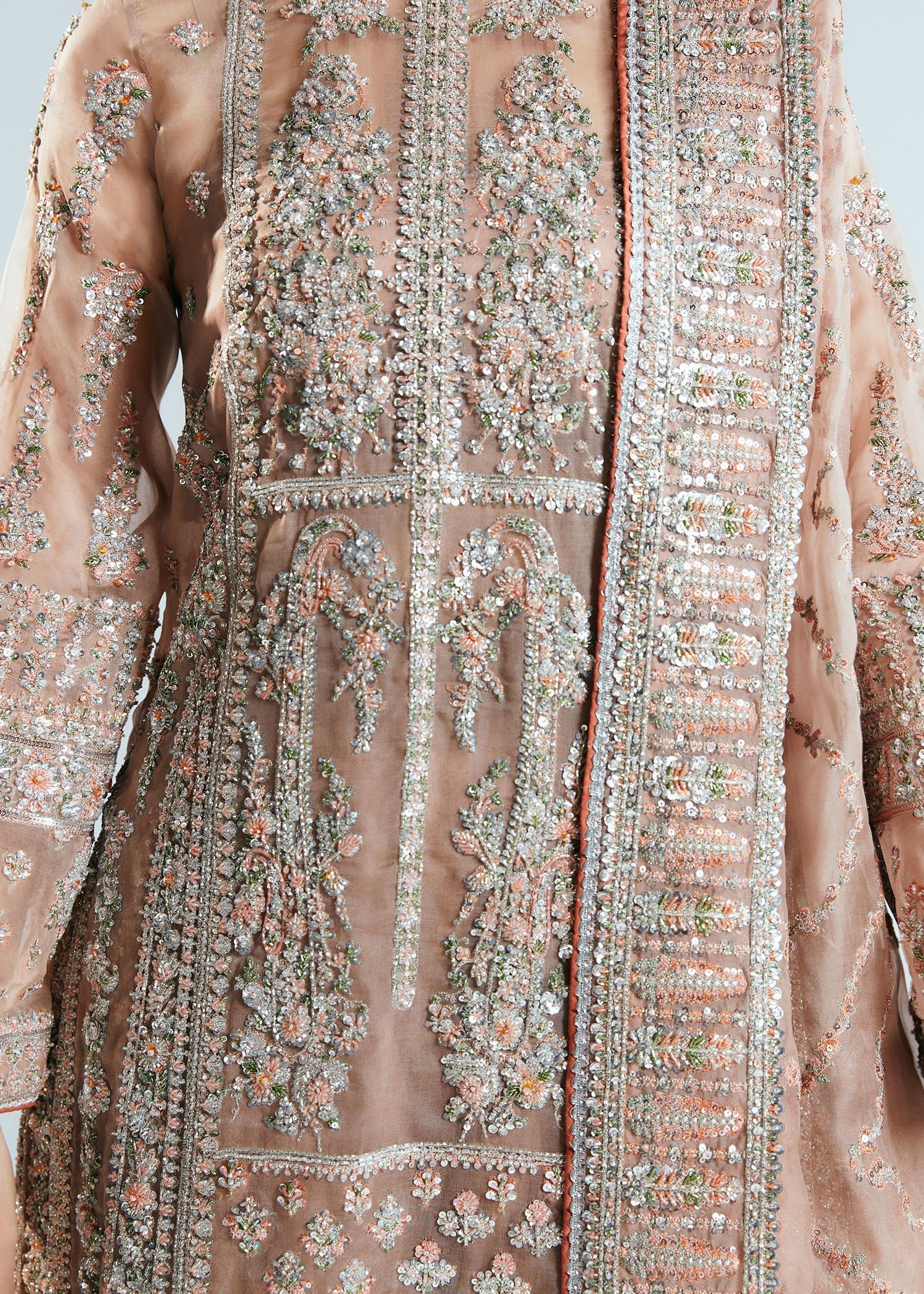 Hussain Rehar Dune Embroidered Organza Party Wear Suit - Close-Up Hand Embellishment Tilla & Pearl Work | IQNAZ