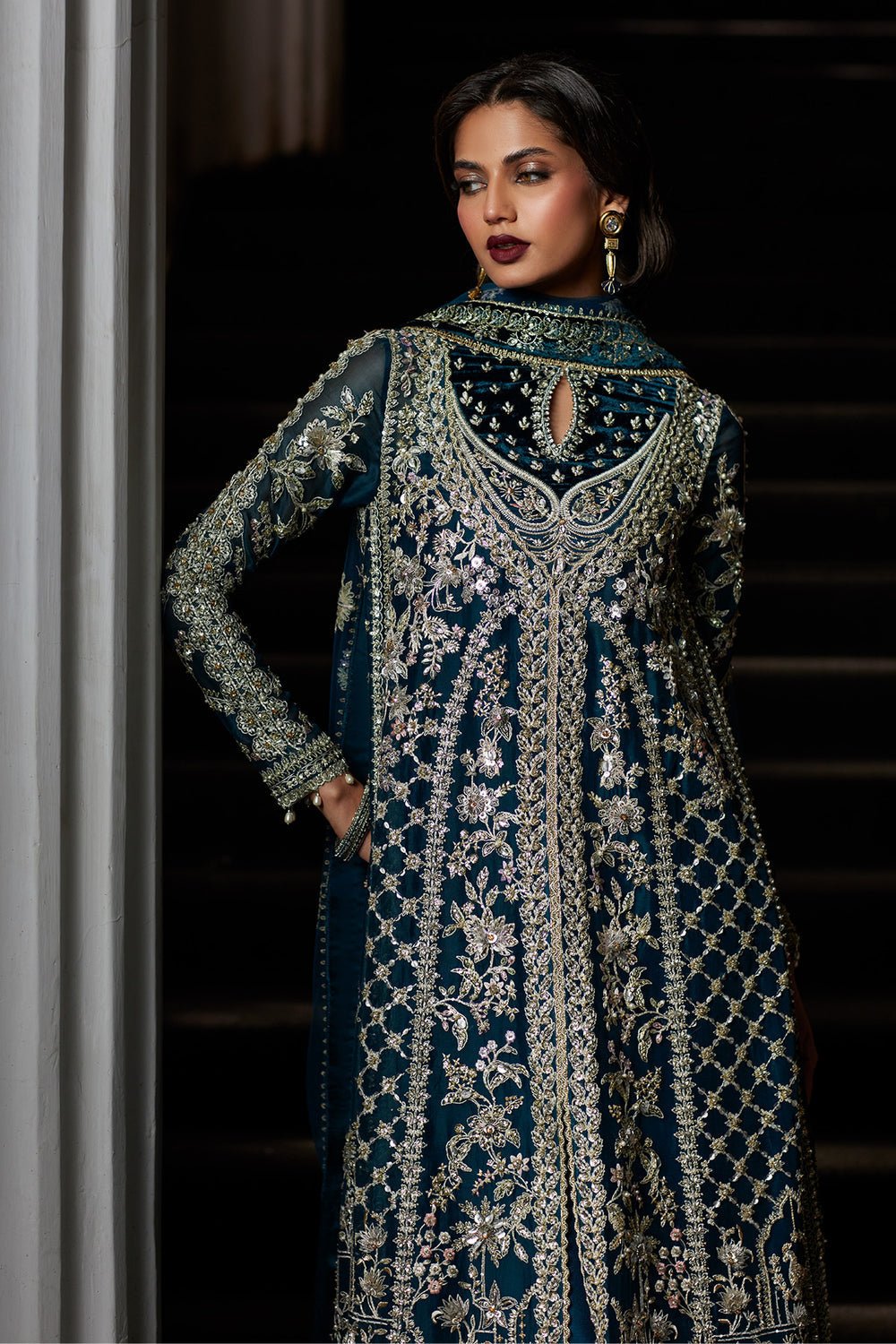 Saad Bin Shahzad Embroidered Net Party Wear Suit - Designer Photoshoot Gallery Angle 7 | IQNAZ Couture