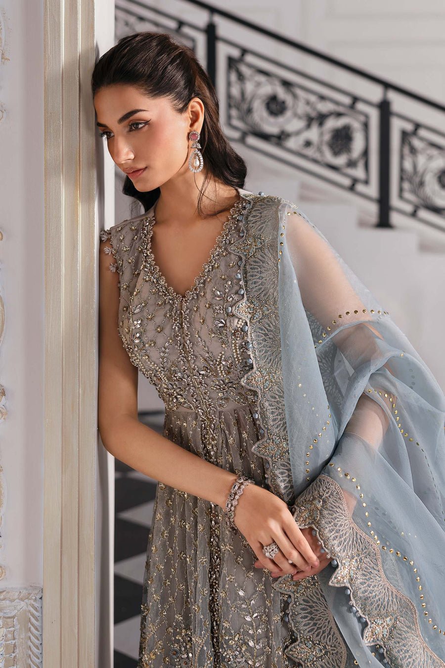 Maria B BD-3002 Hand Embellished Net Flared Suit – Photoshoot Angle 7 Maria B BD-3002 Hand Embellished Net Flared Suit - Designer Photoshoot Gallery Angle 7 | IQNAZ Couture