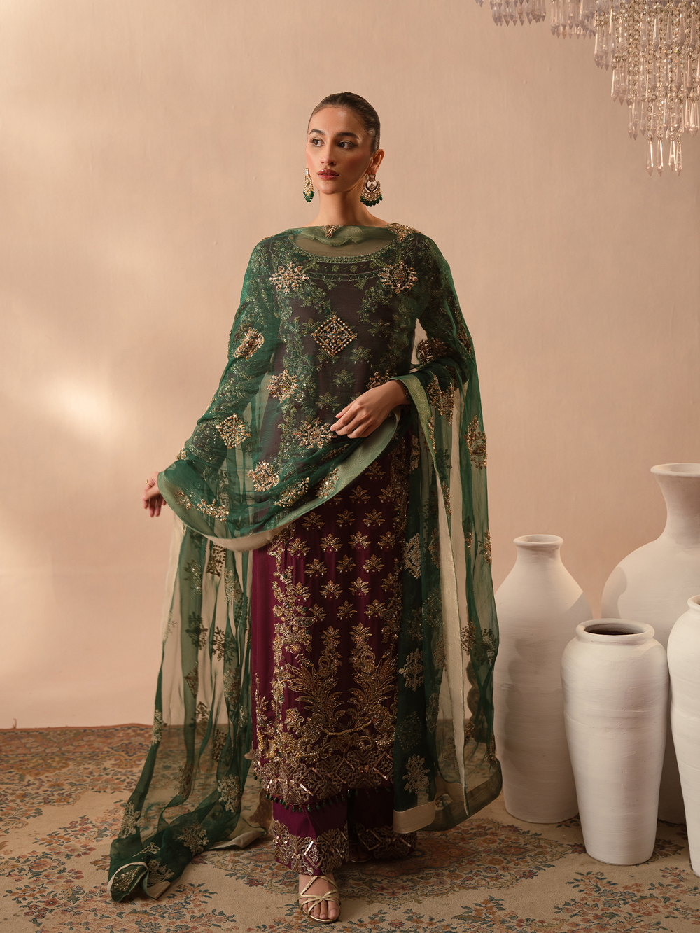 Abeera Usman Embroidered Organza Party Wear Suit - Embroidered Back & Daman Silhouette Detailing | IQNAZ
