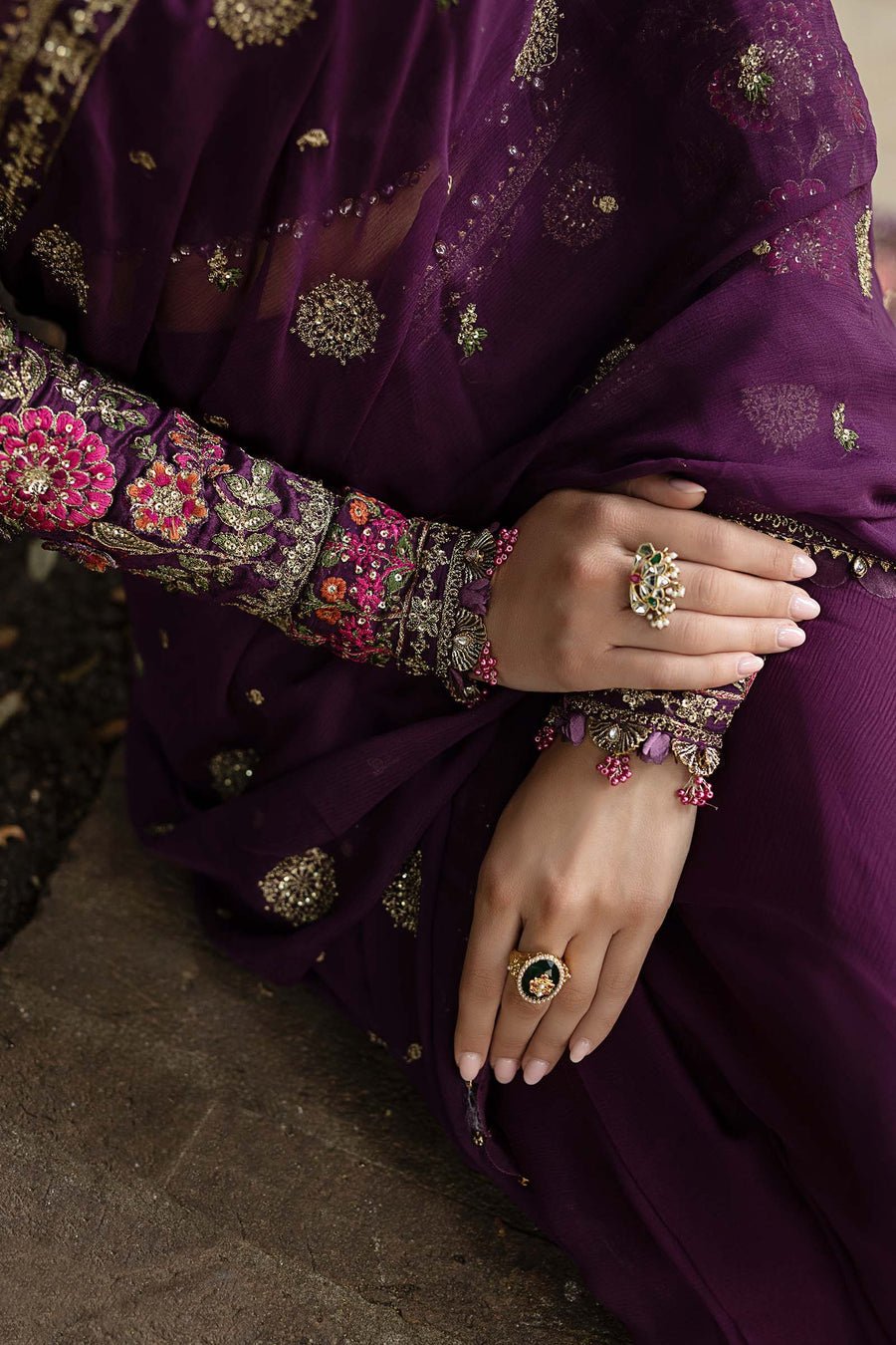 Maria B Embroidered Chiffon Saree – Embroidery & Handwork Detail Maria B Embroidered Chiffon Saree - Close-Up Hand Embellishment Tilla & Pearl Work | IQNAZ