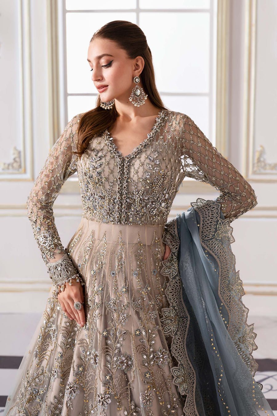 Maria B BD-3002 Hand Embellished Net Flared Suit – Photoshoot Angle 15 Maria B BD-3002 Hand Embellished Net Flared Suit - Designer Photoshoot Gallery Angle 15 | IQNAZ Couture