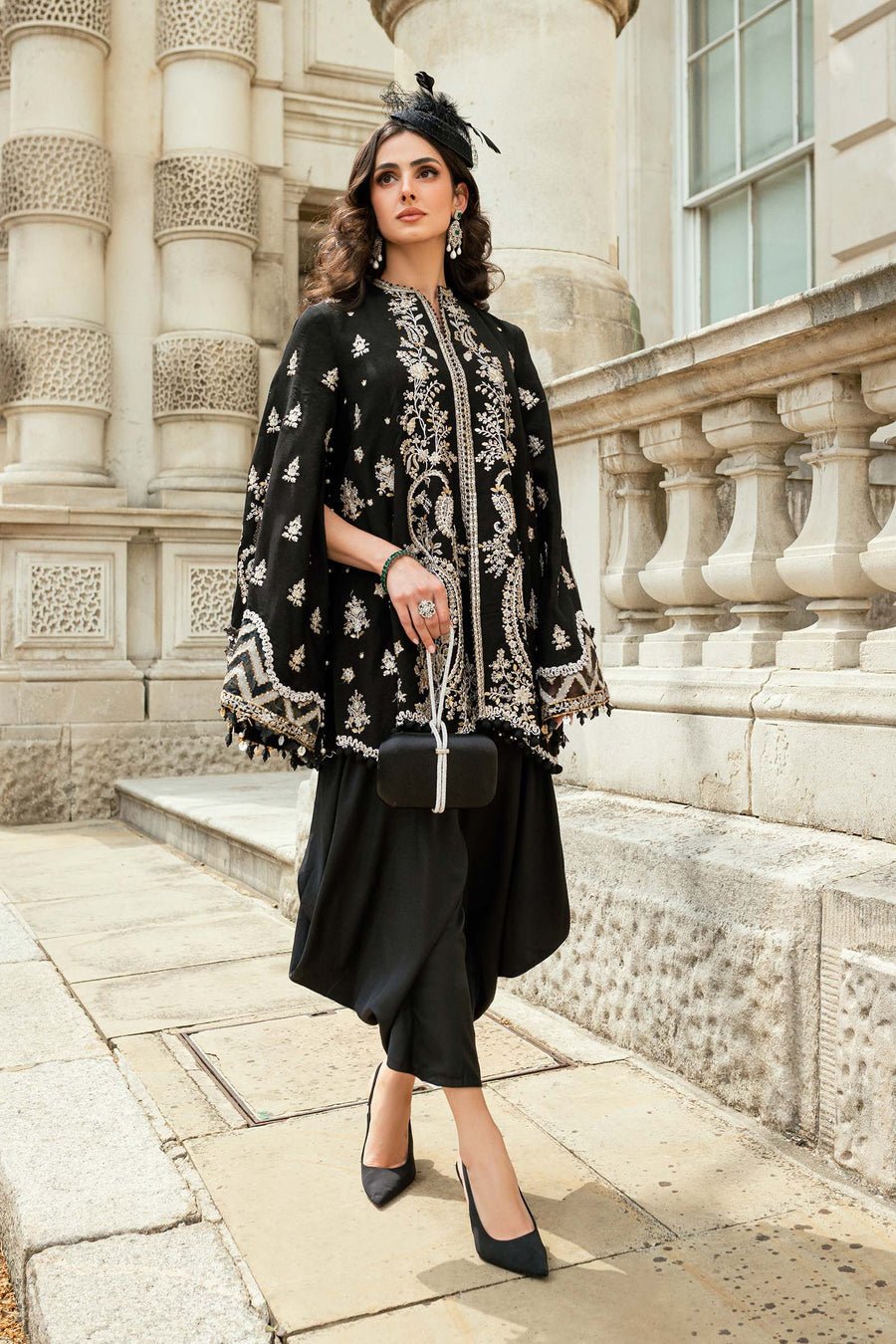 Maria B Embroidered Silk Party Wear Suit - Embroidered Back & Daman Silhouette Detailing | IQNAZ