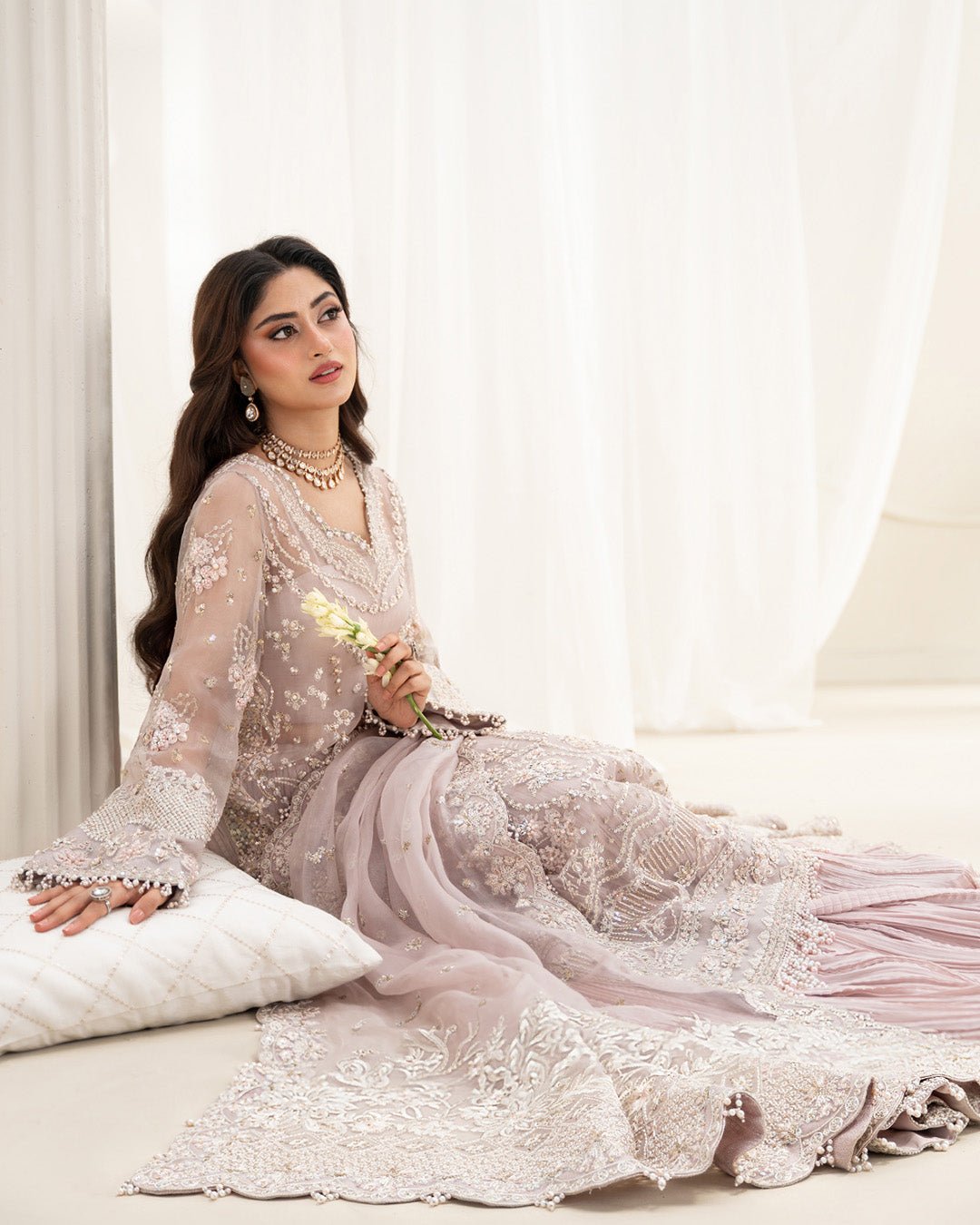 Faiza Saqlain Ela Hand Embellished Organza Party Wear Gharara – Back View & Silhouette Faiza Saqlain Ela Hand Embellished Organza Party Wear Gharara - Embroidered Back & Daman Silhouette Detailing | IQNAZ