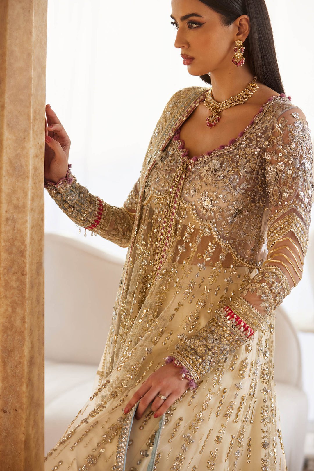 Zaha Zar-E Mahr Hand Embellished Raw Silk Bridal Lehenga - Matching Bottom & Trouser Fabric Details | IQNAZ