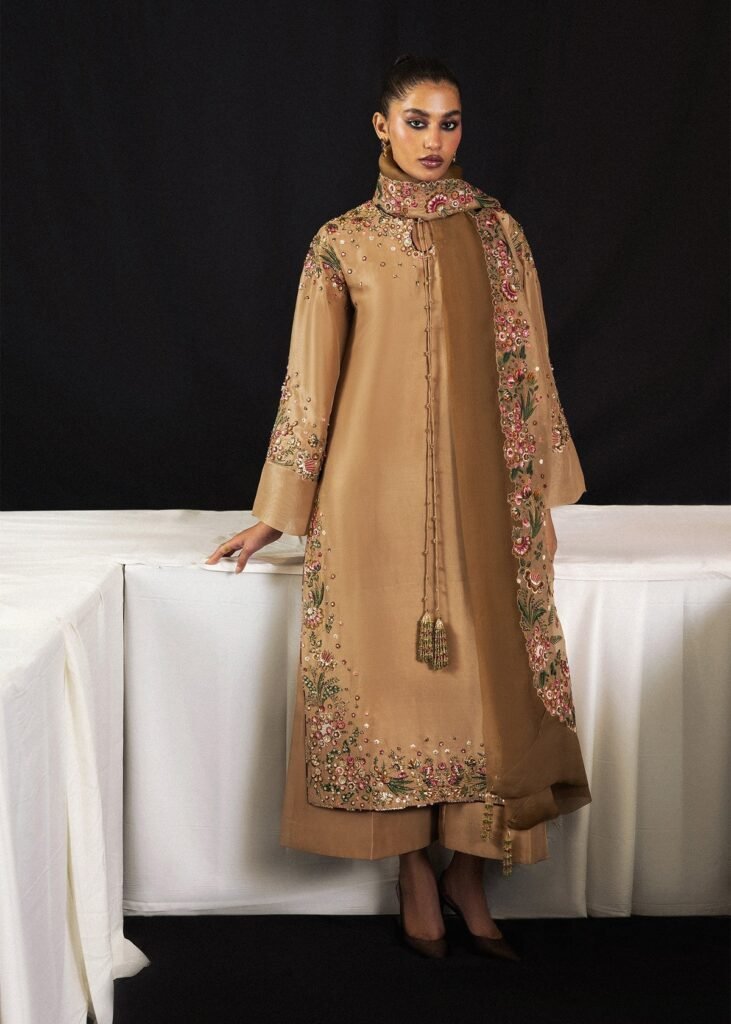 Hussain Rehar Embroidered Organza Party Wear Suit - Model Front Look | Pakistani Designer Replica Wholesale | IQNAZ