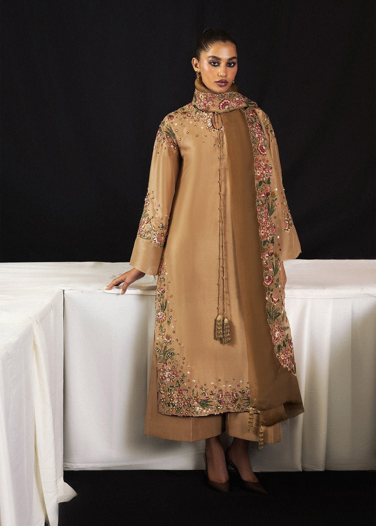 Hussain Rehar Embroidered Organza Party Wear Suit - Model Front Look | Pakistani Designer Replica Wholesale | IQNAZ