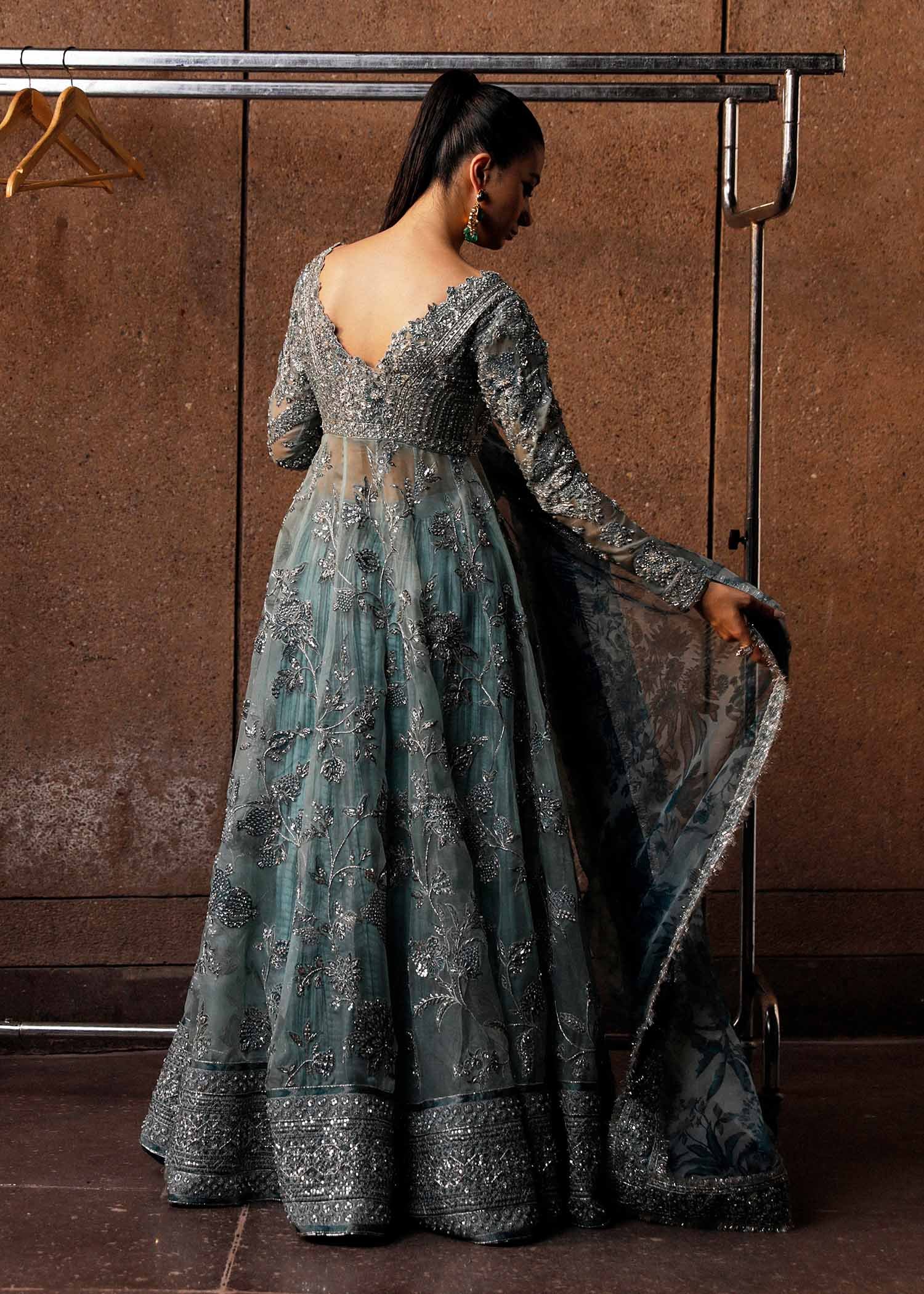 Hussain Rehar Hand Embellished Silk Party Wear Suit - Close-Up Hand Embellishment Tilla & Pearl Work | IQNAZ