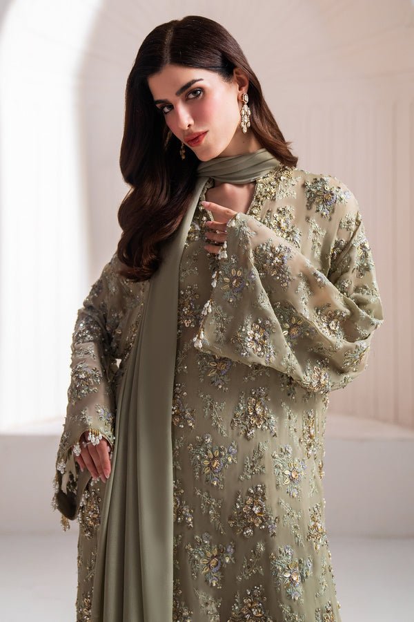 Maria B Clarte Embroidered Chiffon Party Wear Suit - Embroidered Back & Daman Silhouette Detailing | IQNAZ