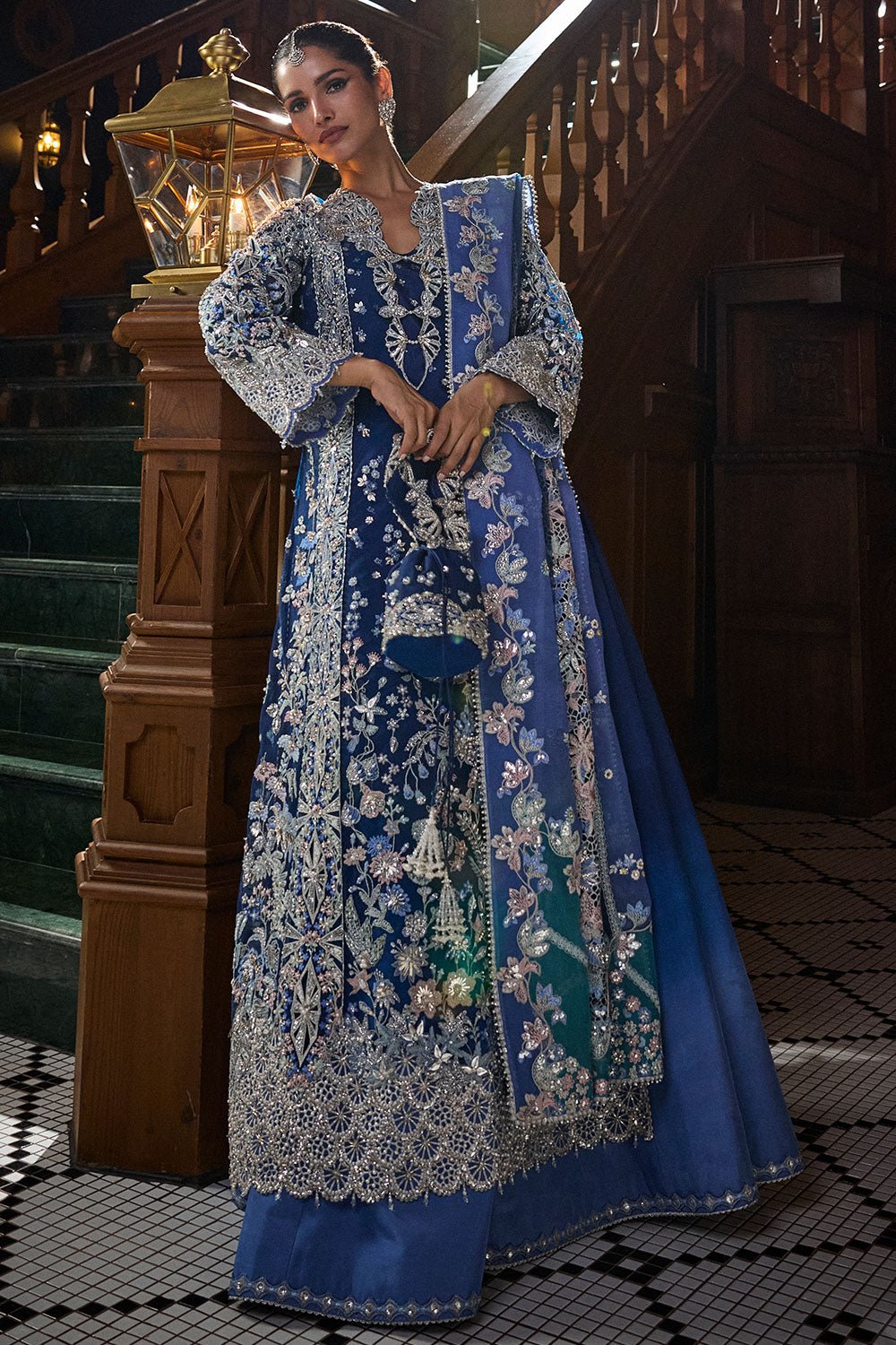 Soraya Elise Embroidered Silk Party Wear Suit - Model Front Look | Pakistani Designer Replica Wholesale | IQNAZ