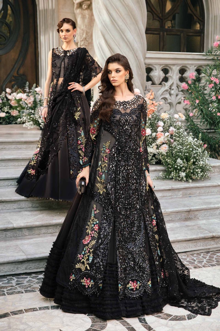 Maria B BD-2802 Hand Embellished Organza Flared Suit – Back View & Silhouette Maria B BD-2802 Hand Embellished Organza Flared Suit - Embroidered Back & Daman Silhouette Detailing | IQNAZ