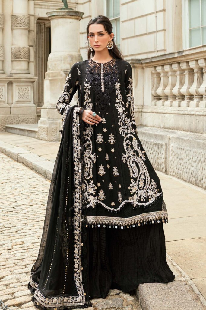 Maria B Embroidered Silk Party Wear Suit - Model Front Look | Pakistani Designer Replica Wholesale | IQNAZ