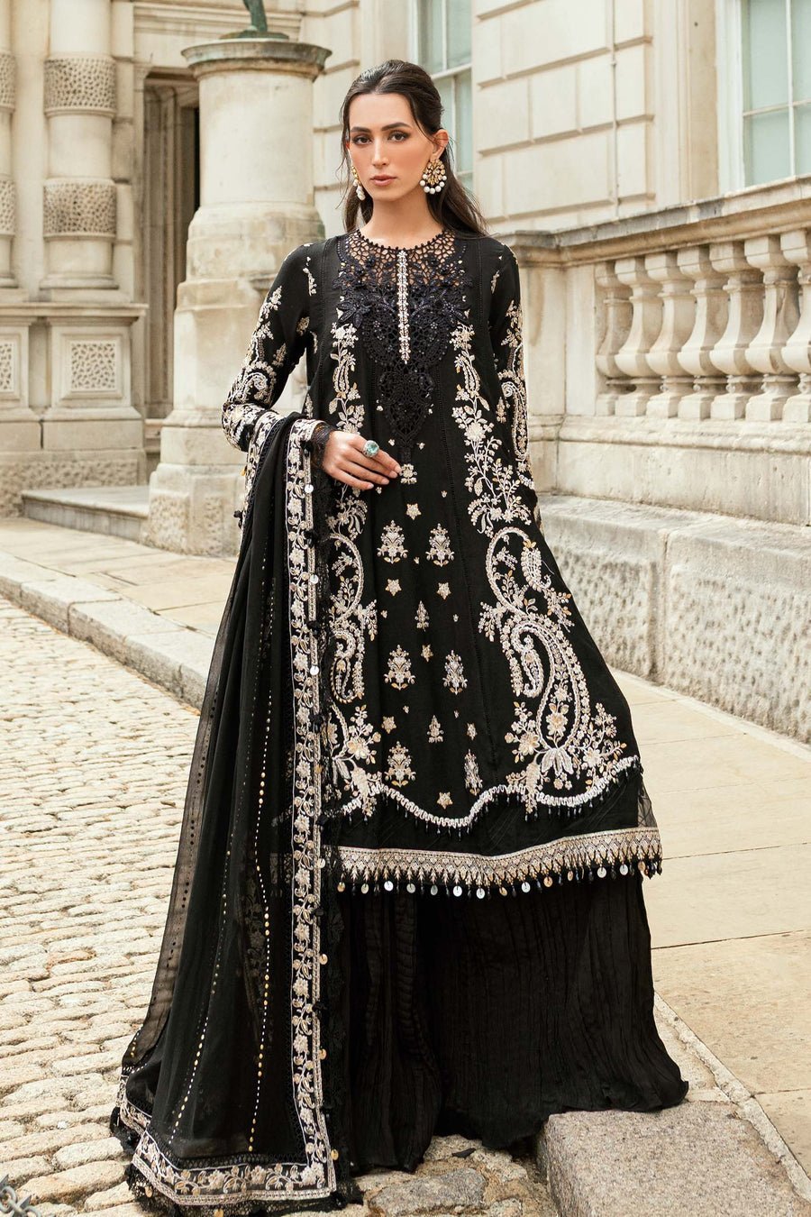 Maria B Embroidered Silk Party Wear Suit - Model Front Look | Pakistani Designer Replica Wholesale | IQNAZ