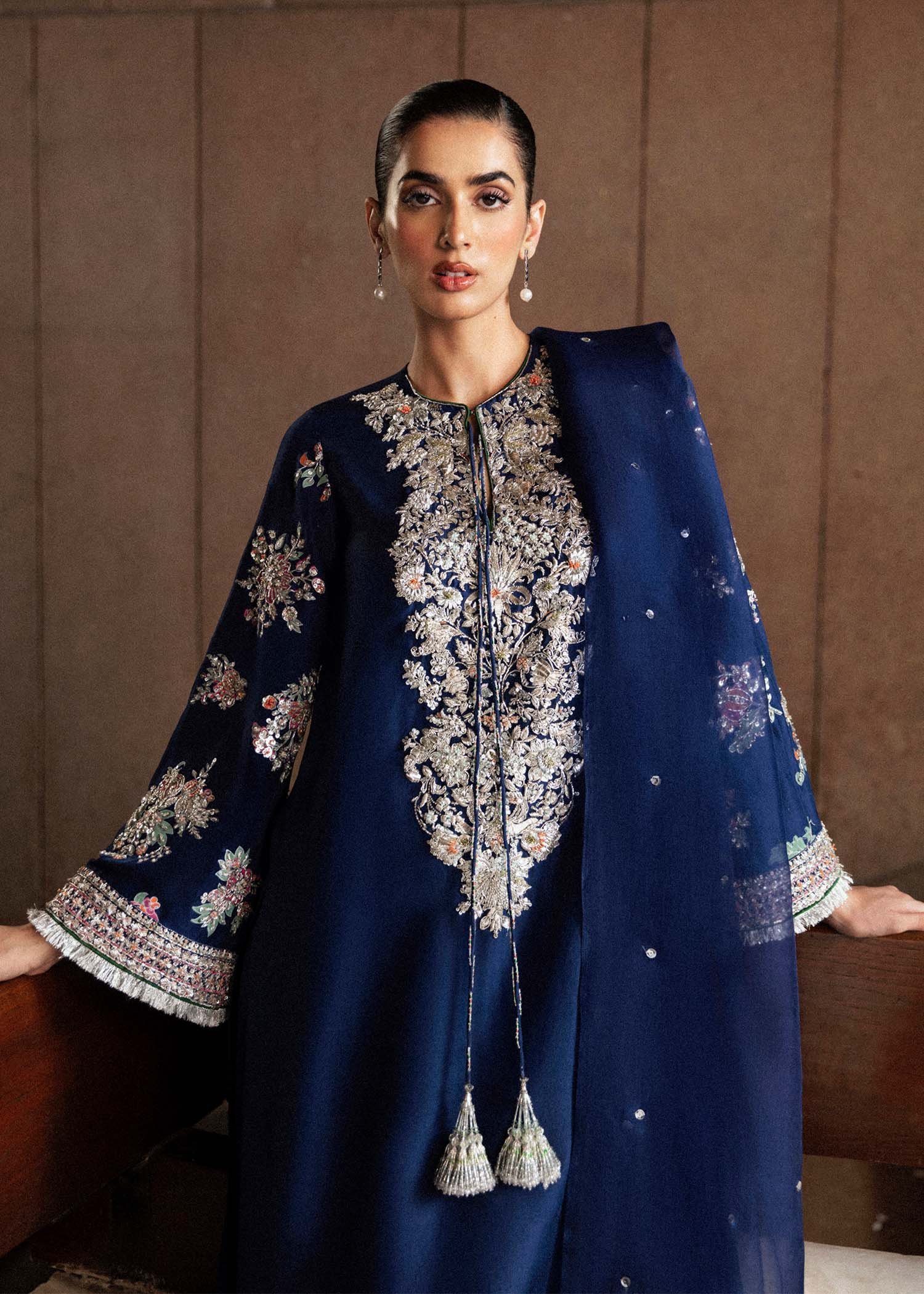 Hussain Rehar Saxe Embroidered Organza Party Wear Suit - Embroidered Back & Daman Silhouette Detailing | IQNAZ
