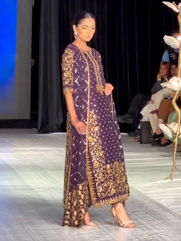 Haris Shakeel Hand Embellished Chiffon Party Wear Suit – Back View & Silhouette Haris Shakeel Hand Embellished Chiffon Party Wear Suit - Embroidered Back & Daman Silhouette Detailing | IQNAZ