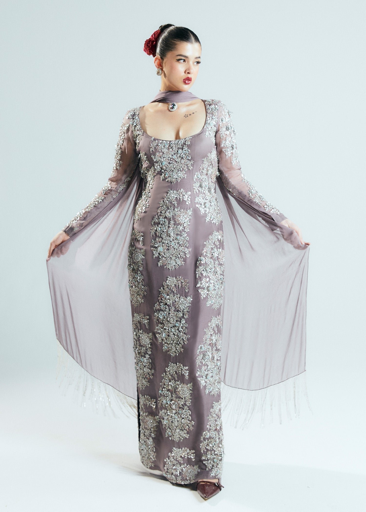 Hussain Rehar Mystic Embroidered Organza Party Wear Suit – Embroidery & Handwork Detail Hussain Rehar Mystic Embroidered Organza Party Wear Suit - Close-Up Hand Embellishment Tilla & Pearl Work | IQNAZ