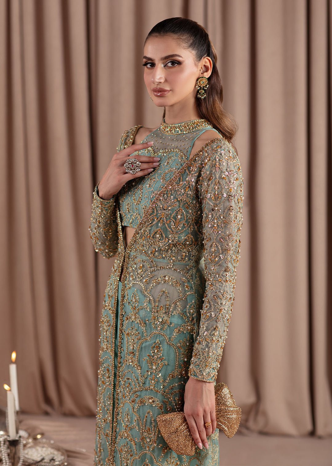 Kanwal Malik Aquamarine Embroidered Organza Party Wear Suit - Matching Bottom & Trouser Fabric Details | IQNAZ