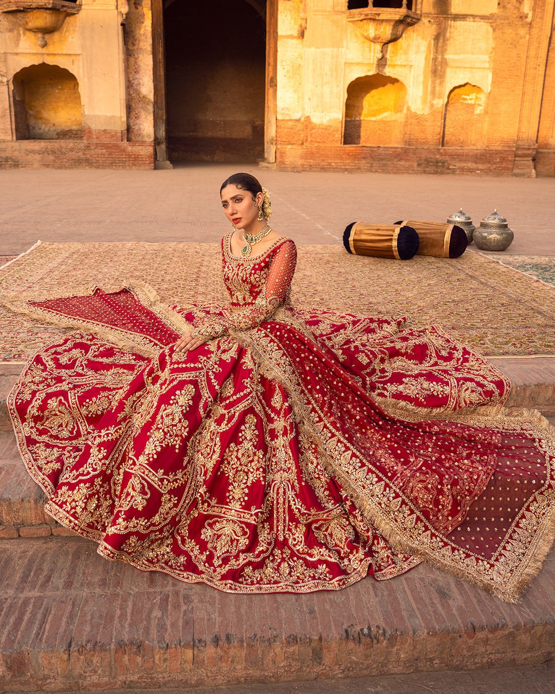 Faiza Saqlain Arusa Hand Embellished Raw Silk Bridal Lehenga – Model Front View Faiza Saqlain Arusa Hand Embellished Raw Silk Bridal Lehenga - Model Front Look | Pakistani Designer Replica Wholesale | IQNAZ