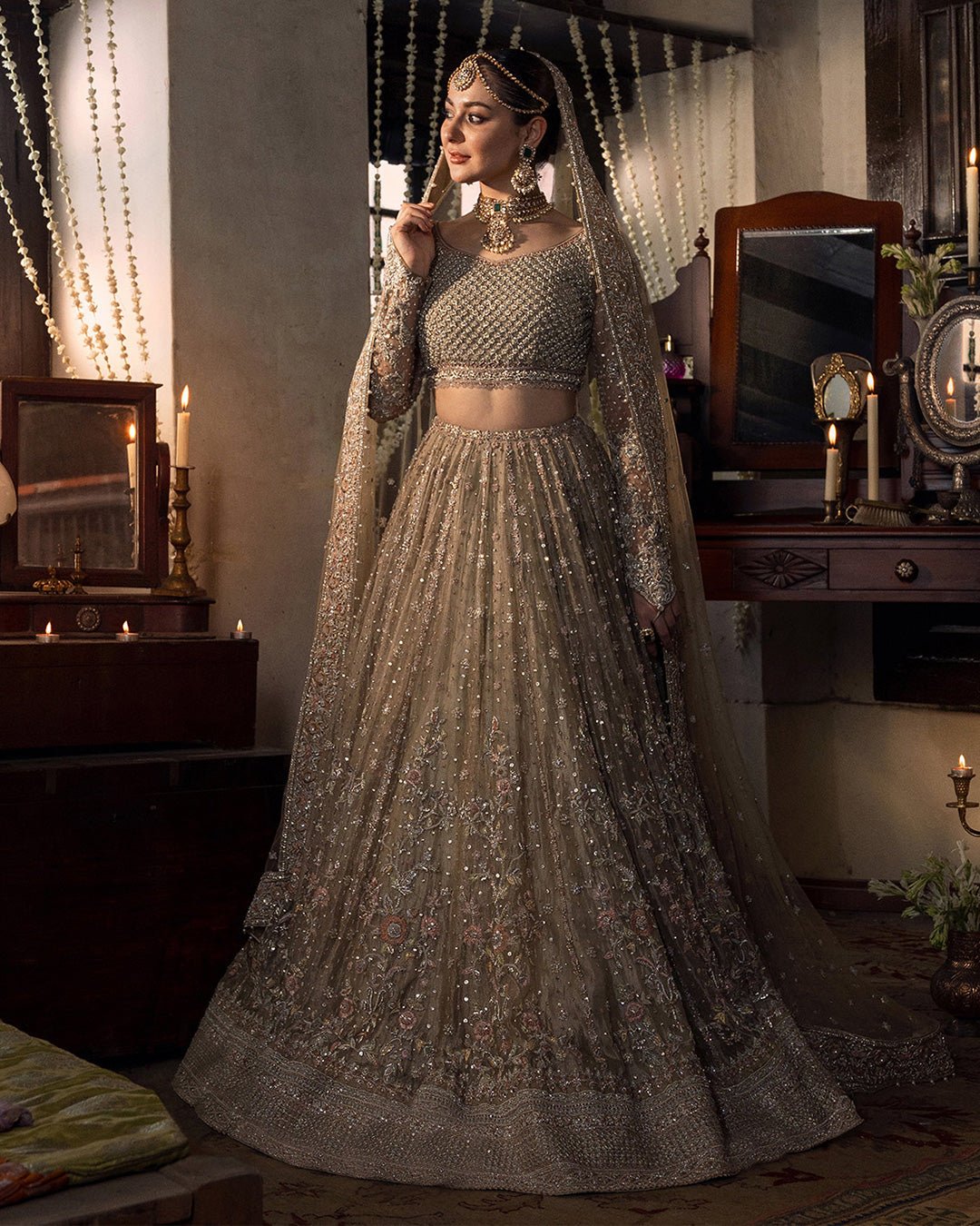 Haris Shakeel Mah Hand Embellished Organza Party Wear Suit - Model Front Look | Pakistani Designer Replica Wholesale | IQNAZ