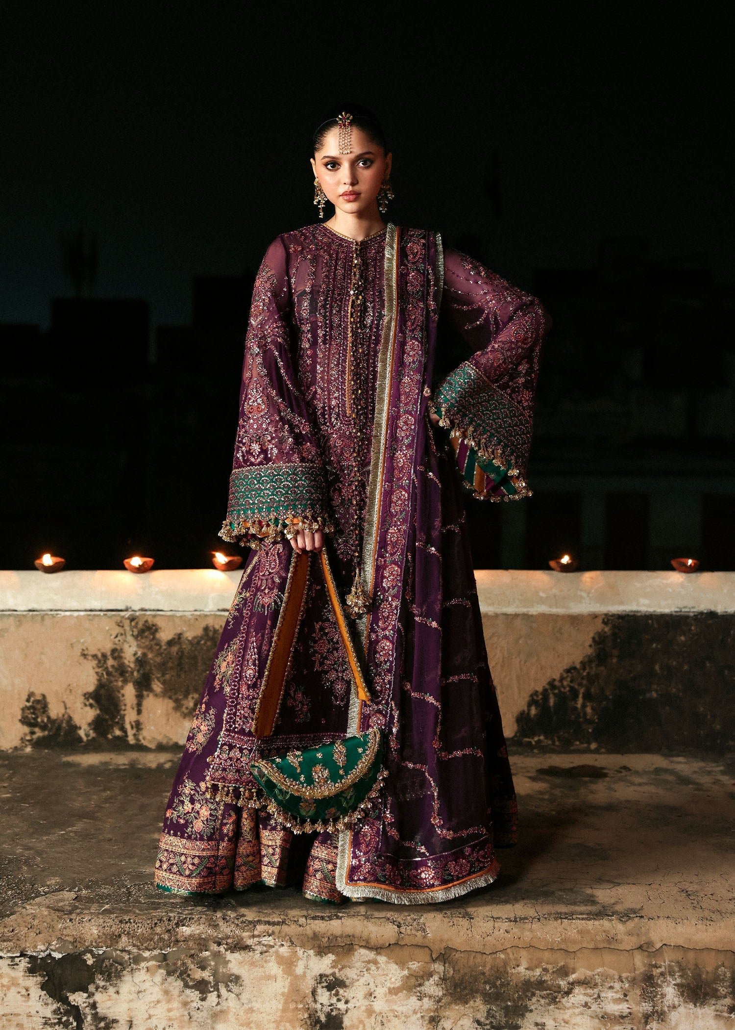 Hussain Rehar Embroidered Chiffon Party Wear Suit - Model Front Look | Pakistani Designer Replica Wholesale | IQNAZ