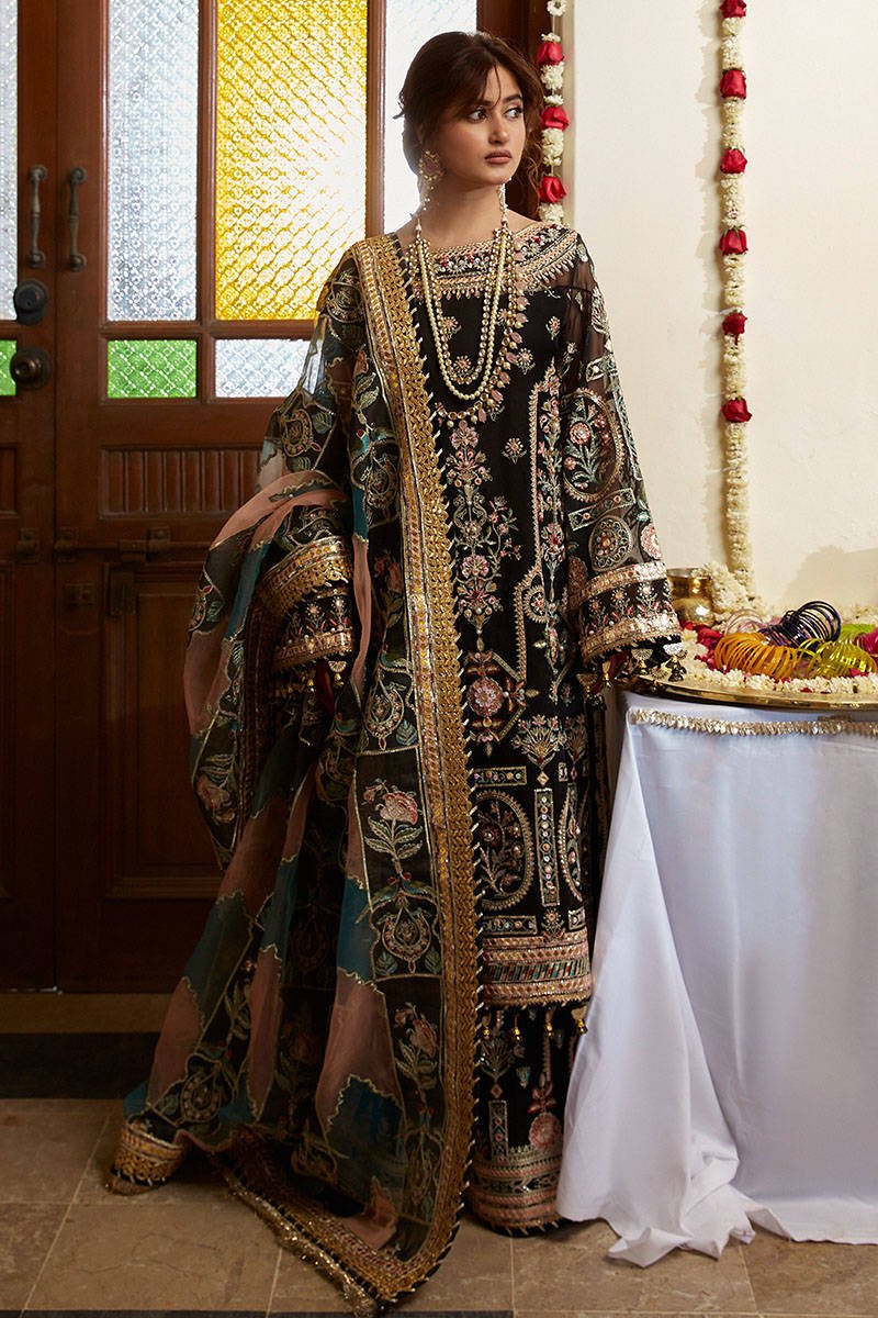 Mohsin Naveed Ranjha Gul Hand Embellished Organza Party Wear Suit - Model Front Look | Pakistani Designer Replica Wholesale | IQNAZ
