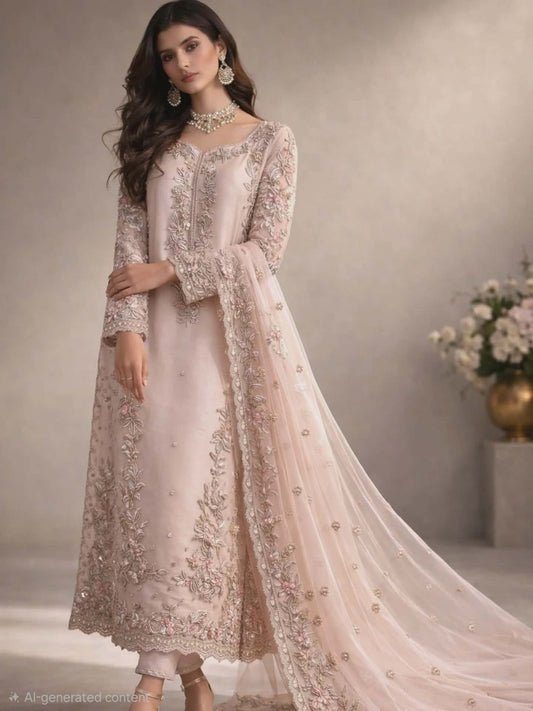 Agha Noor Embroidered Organza Party Wear Suit - Model Front Look | Pakistani Designer Replica Wholesale | IQNAZ