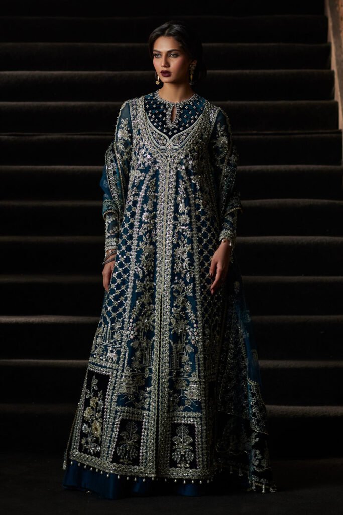 Saad Bin Shahzad Embroidered Net Party Wear Suit - Model Front Look | Pakistani Designer Replica Wholesale | IQNAZ