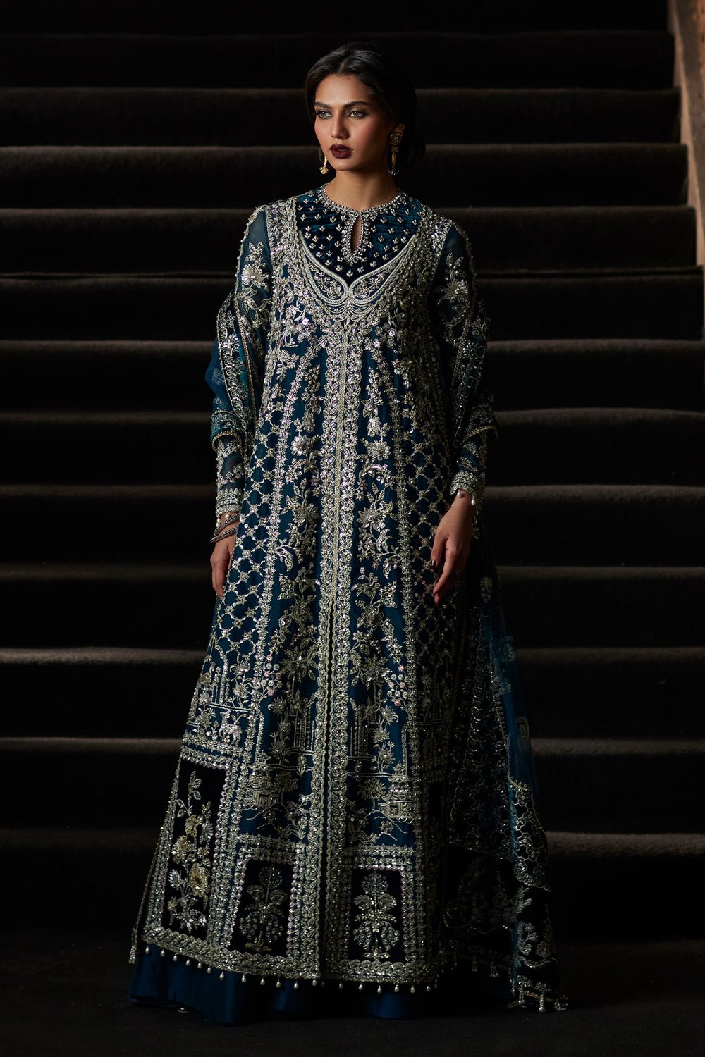 Saad Bin Shahzad Embroidered Net Party Wear Suit - Model Front Look | Pakistani Designer Replica Wholesale | IQNAZ