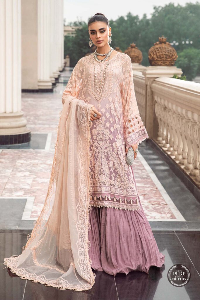 Maria B Mpc Lilac Embroidered Chiffon Party Wear Suit - Model Front Look | Pakistani Designer Replica Wholesale | IQNAZ