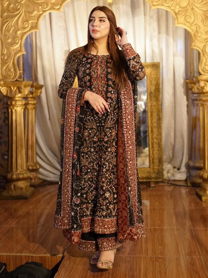 Haris Shakeel Hand Embellished Silk Party Wear Suit - Model Front Look | Pakistani Designer Replica Wholesale | IQNAZ