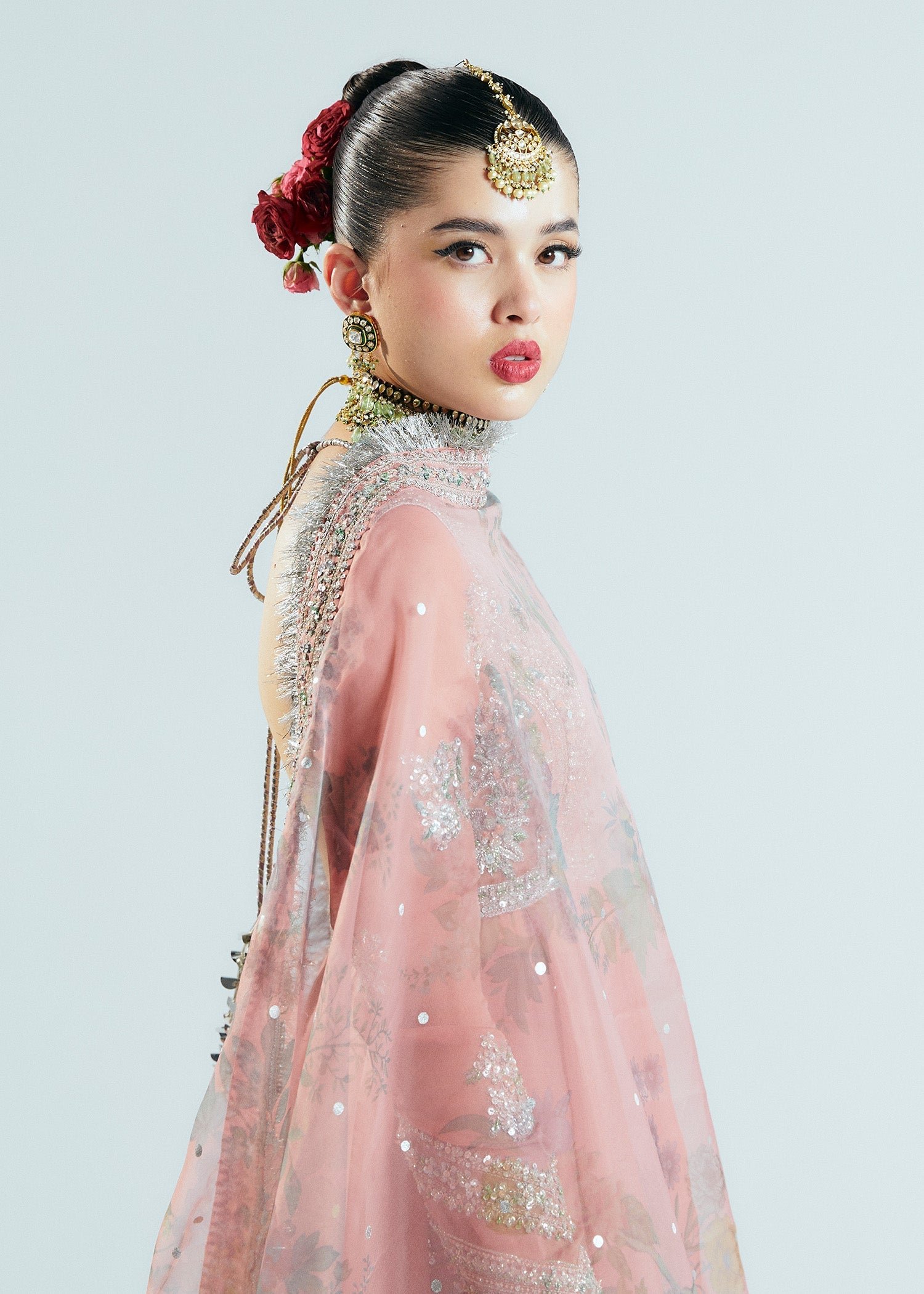 Hussain Rehar Tropica Hand Embellished Organza Party Wear Suit - Designer Photoshoot Gallery Angle 9 | IQNAZ Couture