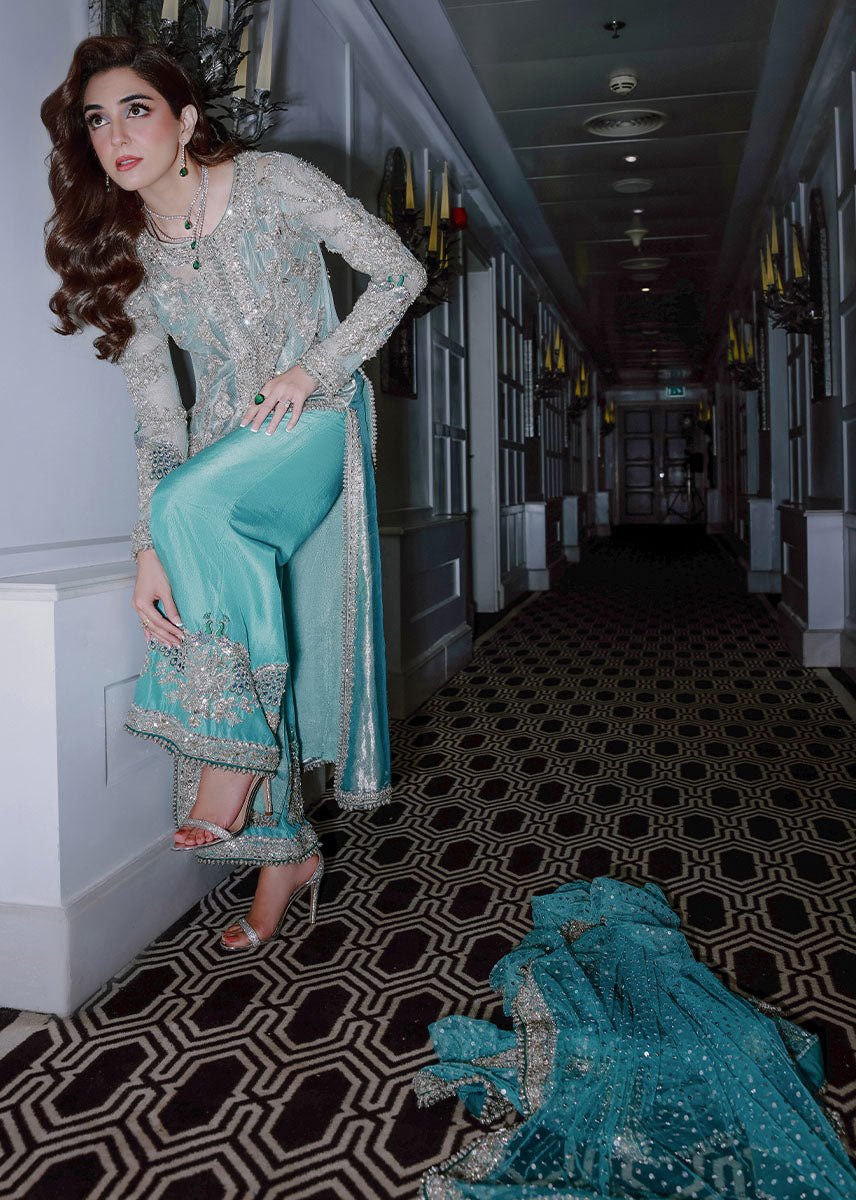 Maria B Ferozeah Embroidered Organza Party Wear Suit – Dupatta & Border Detailing Maria B Ferozeah Embroidered Organza Party Wear Suit - Four-Sided Embroidered Dupatta & Pallu Border | IQNAZ