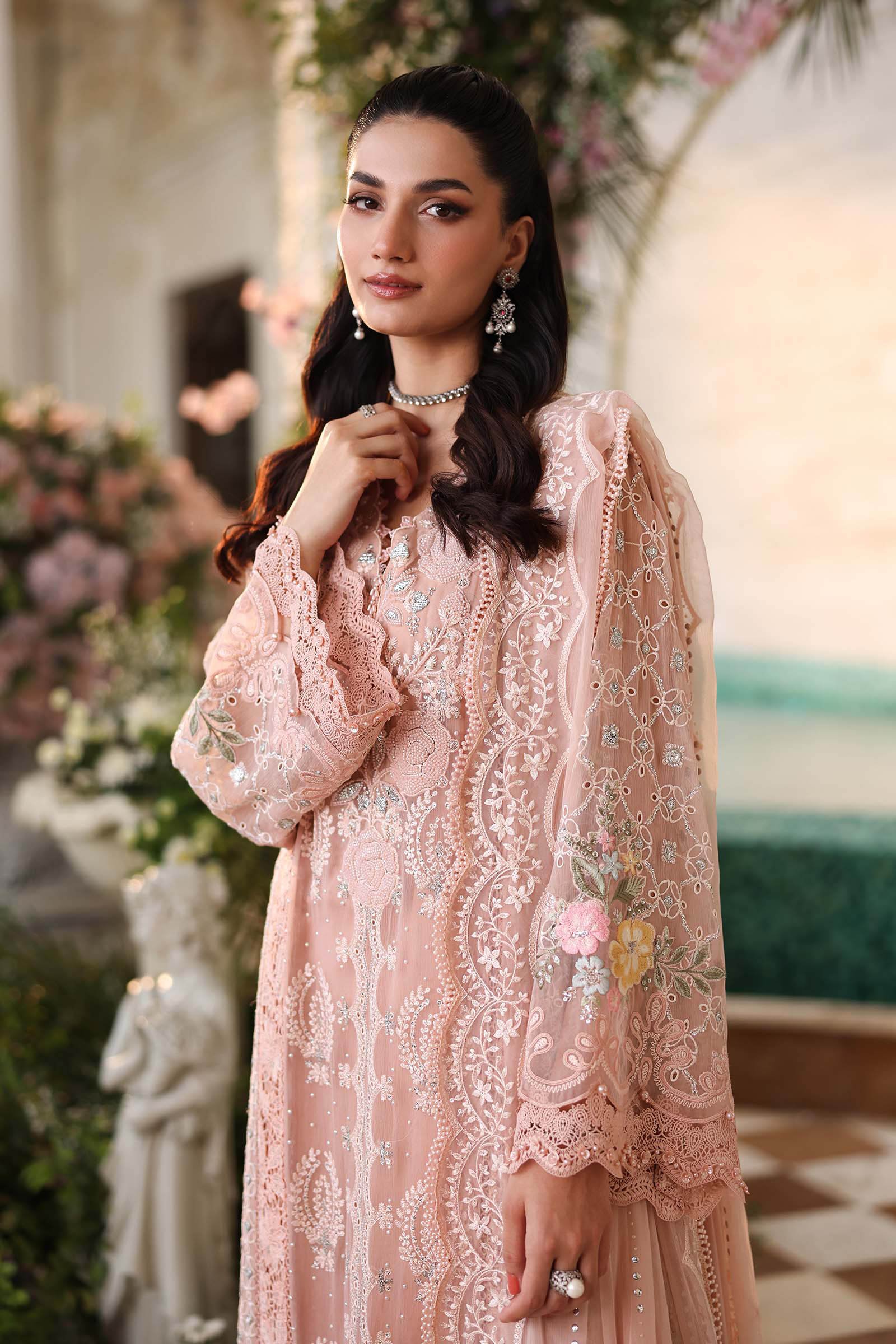 Maria B Embroidered Chiffon Party Wear Suit – Back View & Silhouette Maria B Embroidered Chiffon Party Wear Suit - Embroidered Back & Daman Silhouette Detailing | IQNAZ