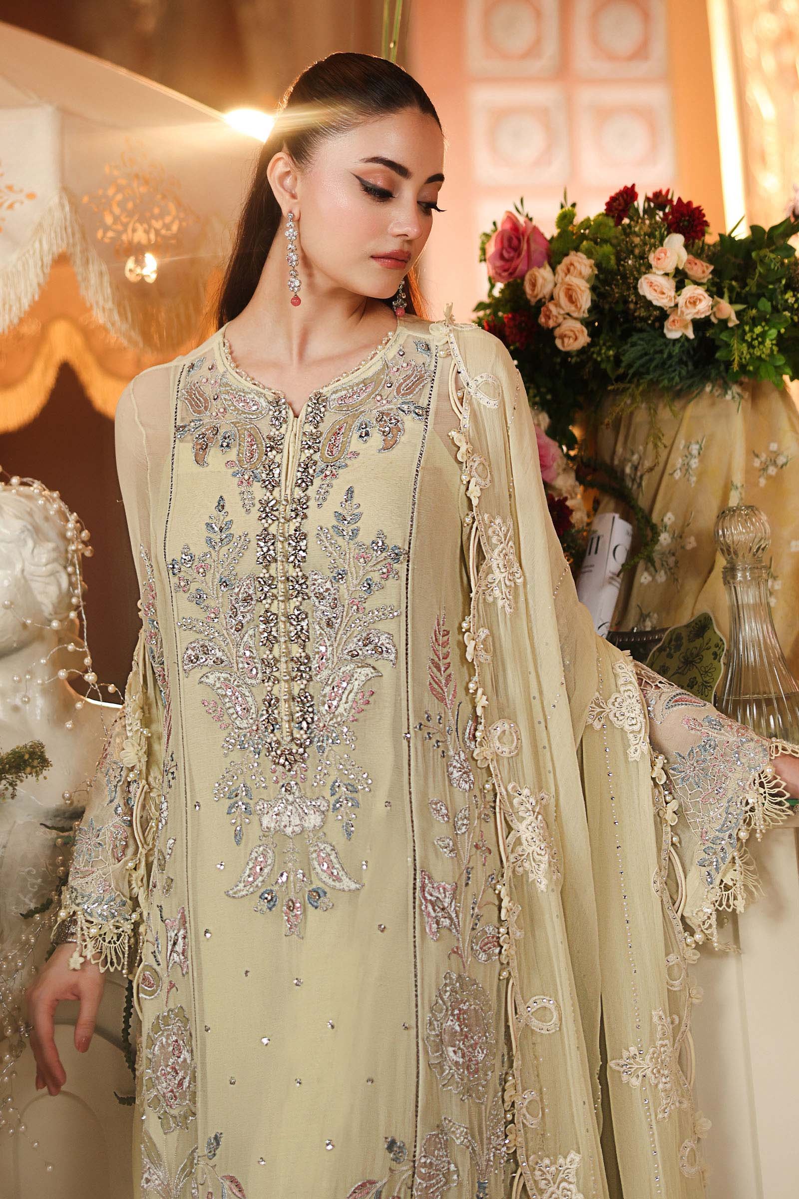 Maria B Embroidered Chiffon Party Wear Suit - Matching Bottom & Trouser Fabric Details | IQNAZ