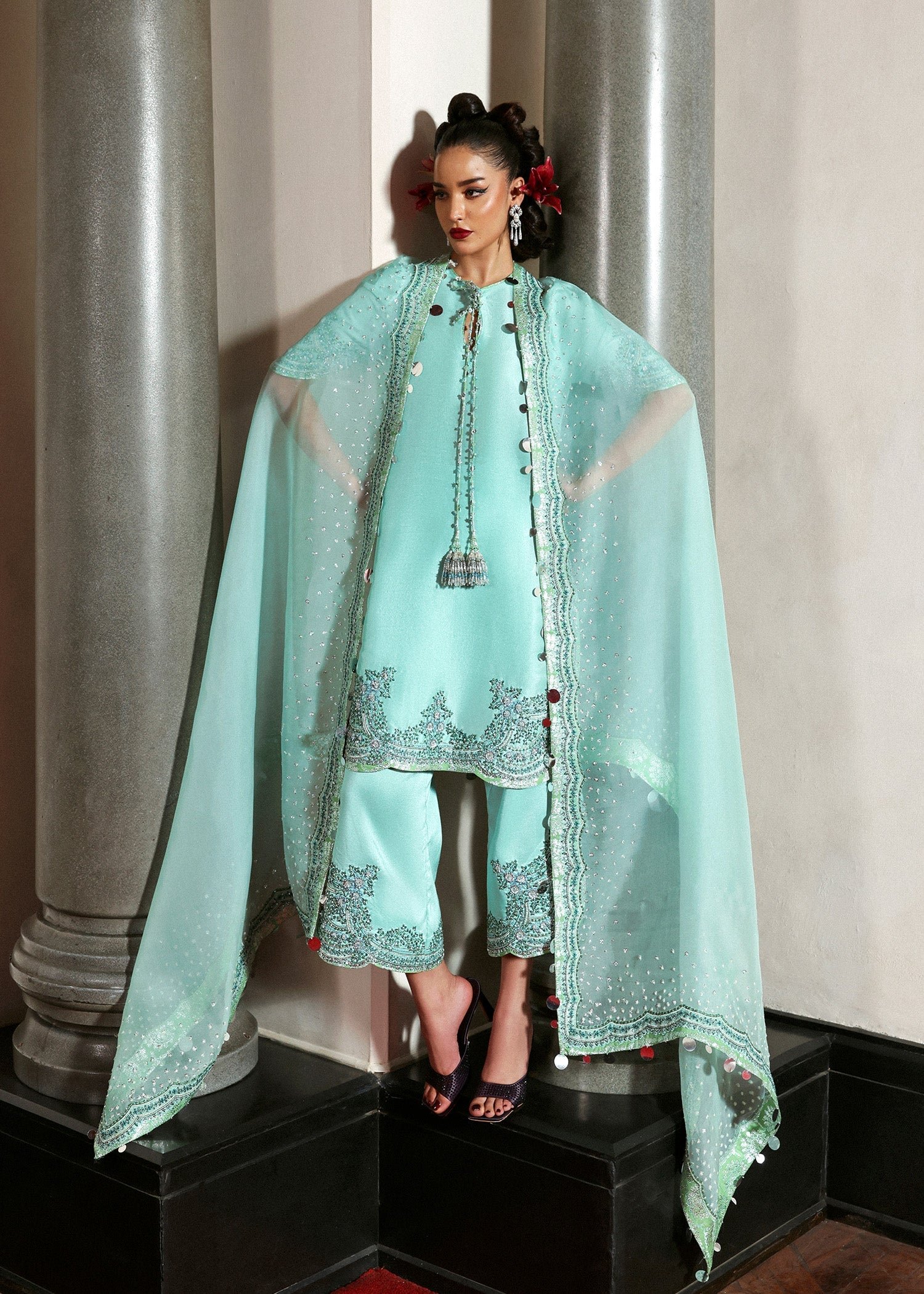 Hussain Rehar Embroidered Organza Party Wear Suit - Four-Sided Embroidered Dupatta & Pallu Border | IQNAZ