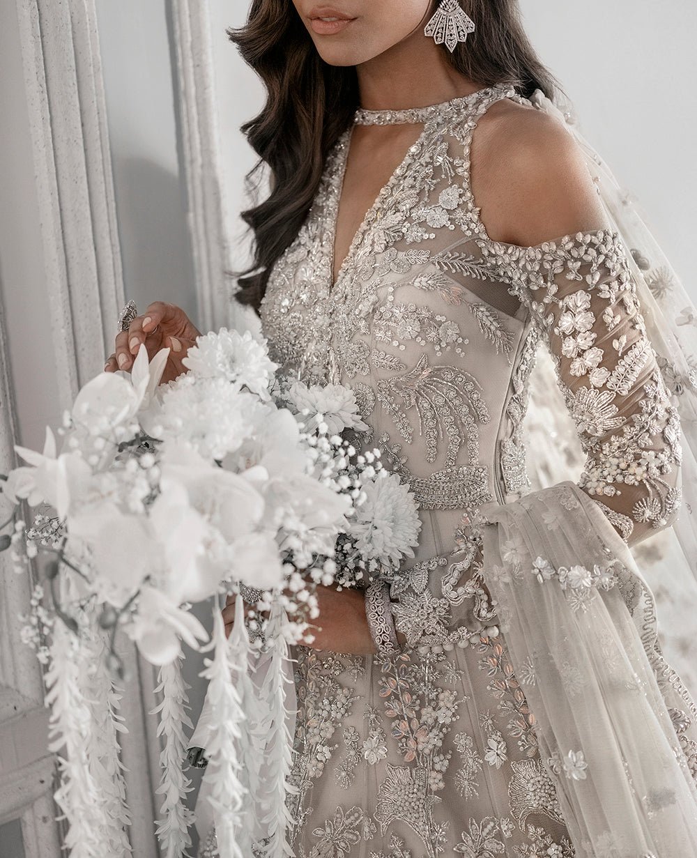 Republic Womens Wear E-52 Hand Embellished Net Bridal Maxi - Close-Up Hand Embellishment Tilla & Pearl Work | IQNAZ